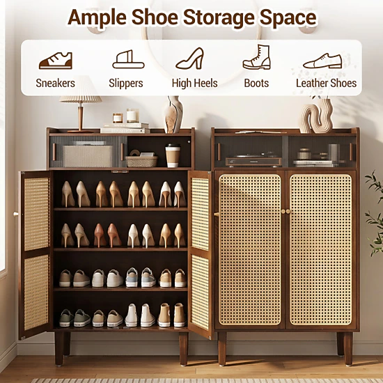 Hivvago 5-Tier Bamboo Shoe Cabinet With Woven Rattan And Sliding Doors