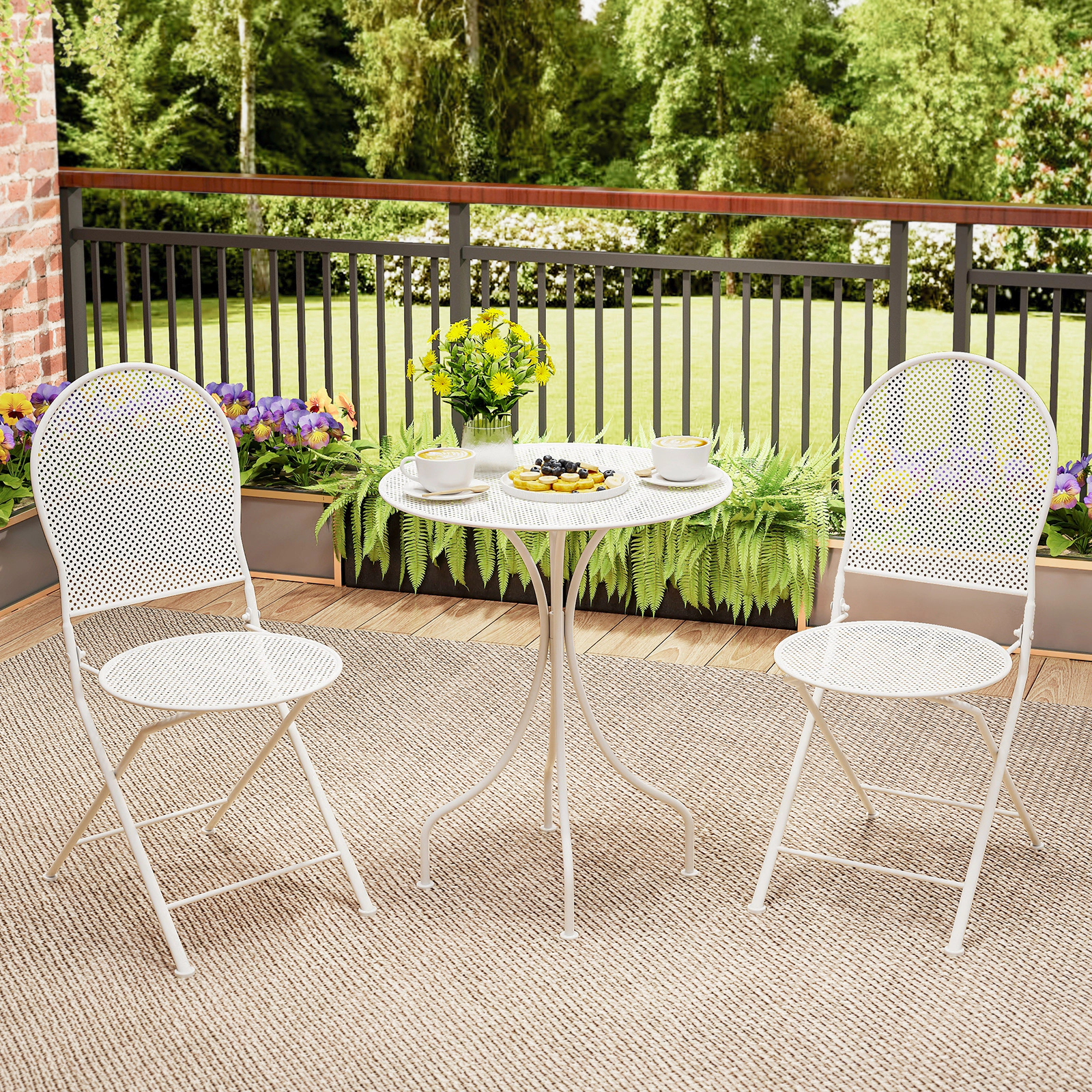 SUGIFT 3-Piece Folding Metal Patio Bistro Set, Round Table and 2 Flat-Folding Chairs