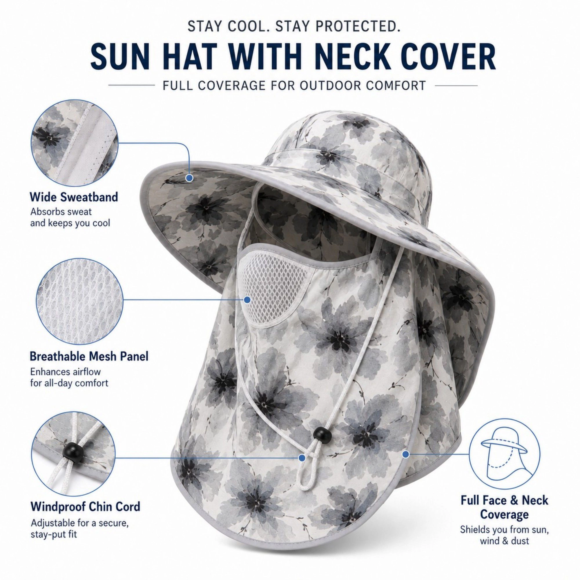 Alilang Women's Floral Wide Brim Sun Hat with Face Cover Neck Flap and Mesh Breathing Panel