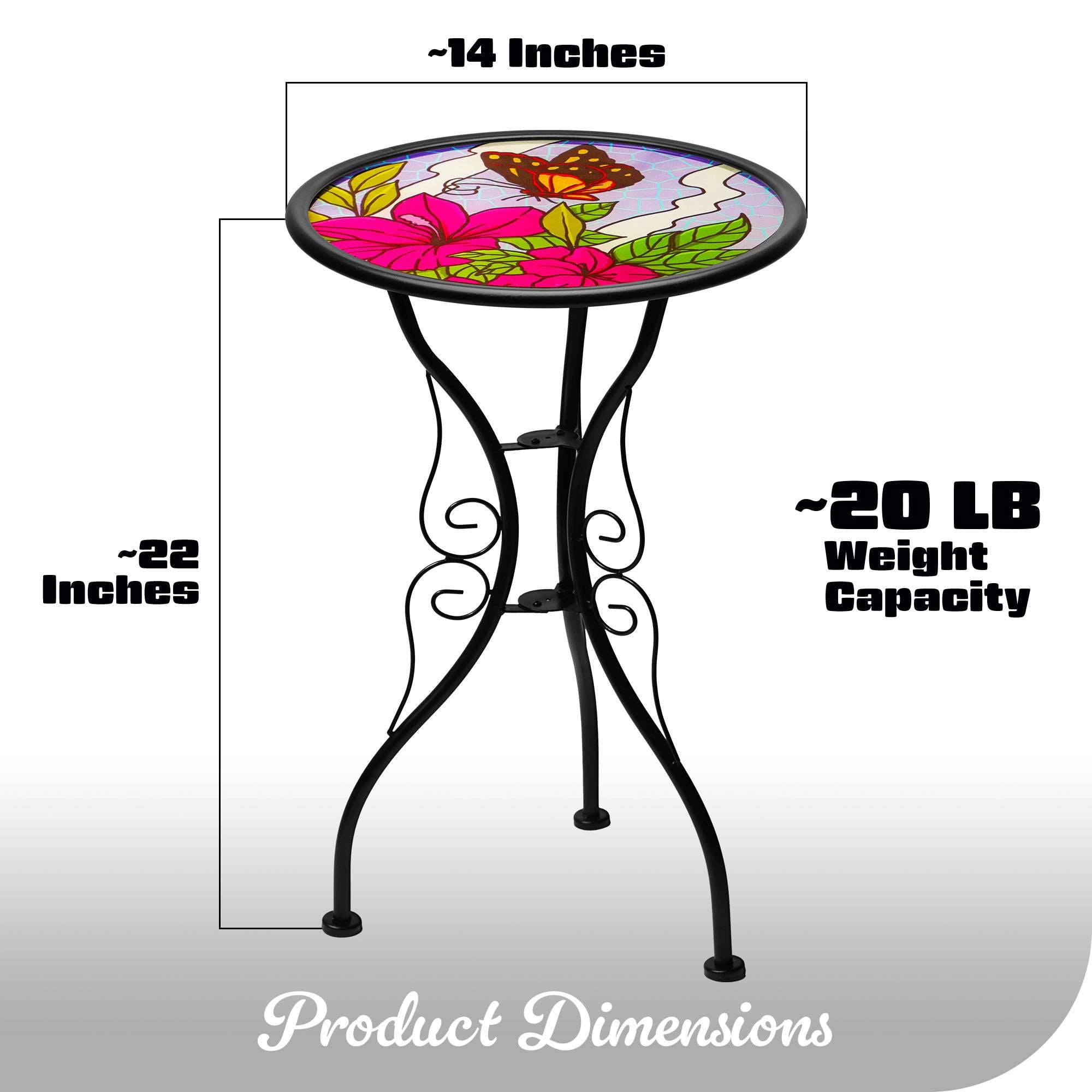 G128 14 in Round Glass Outdoor Side Table Butterfly Floral Pattern, Foldable Metal Patio End Table