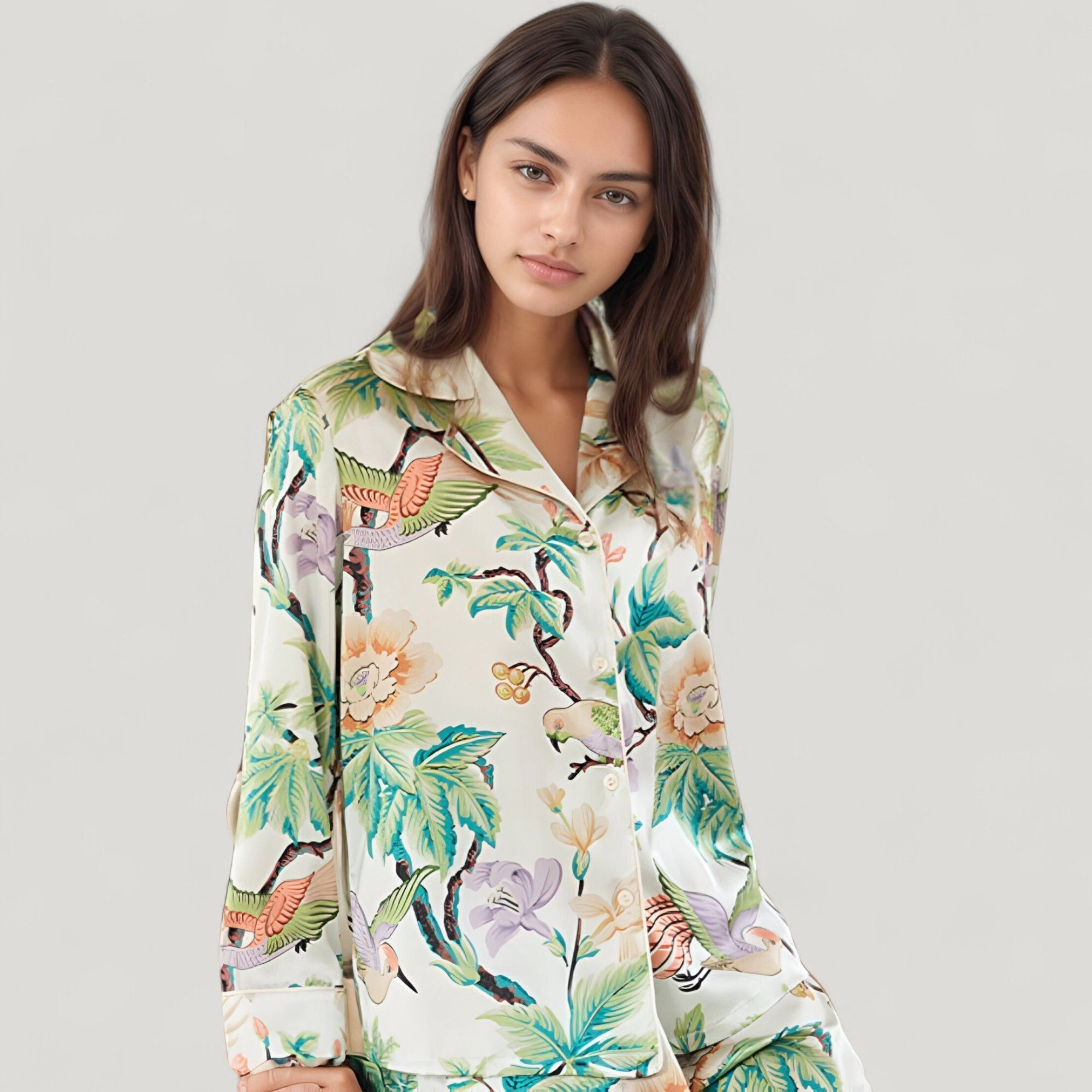 Anna-Kaci Women's Bird and Floral Print Pajama Set with Button Down Long Sleeve Top Relaxed Fit Woven Pants