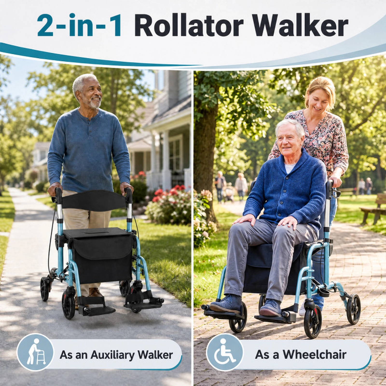 SUGIFT 2-in-1 Adjustable Folding Handle Rollator Walker and Wheelchair 300-lb Capacity Blue