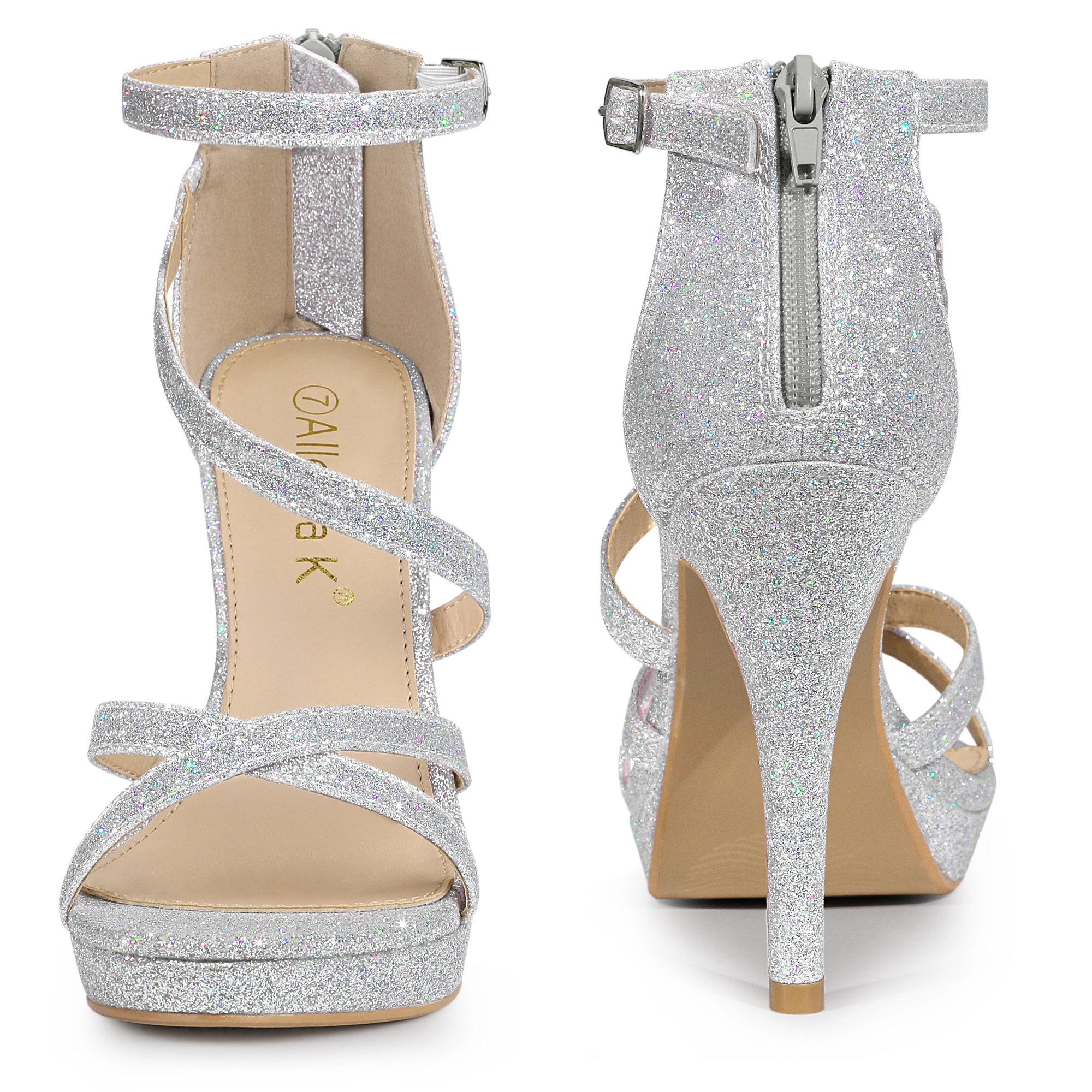 BLISSFUL STEP Women's Glitter Strappy Ankle Strap Platform Stiletto Heels Sandals