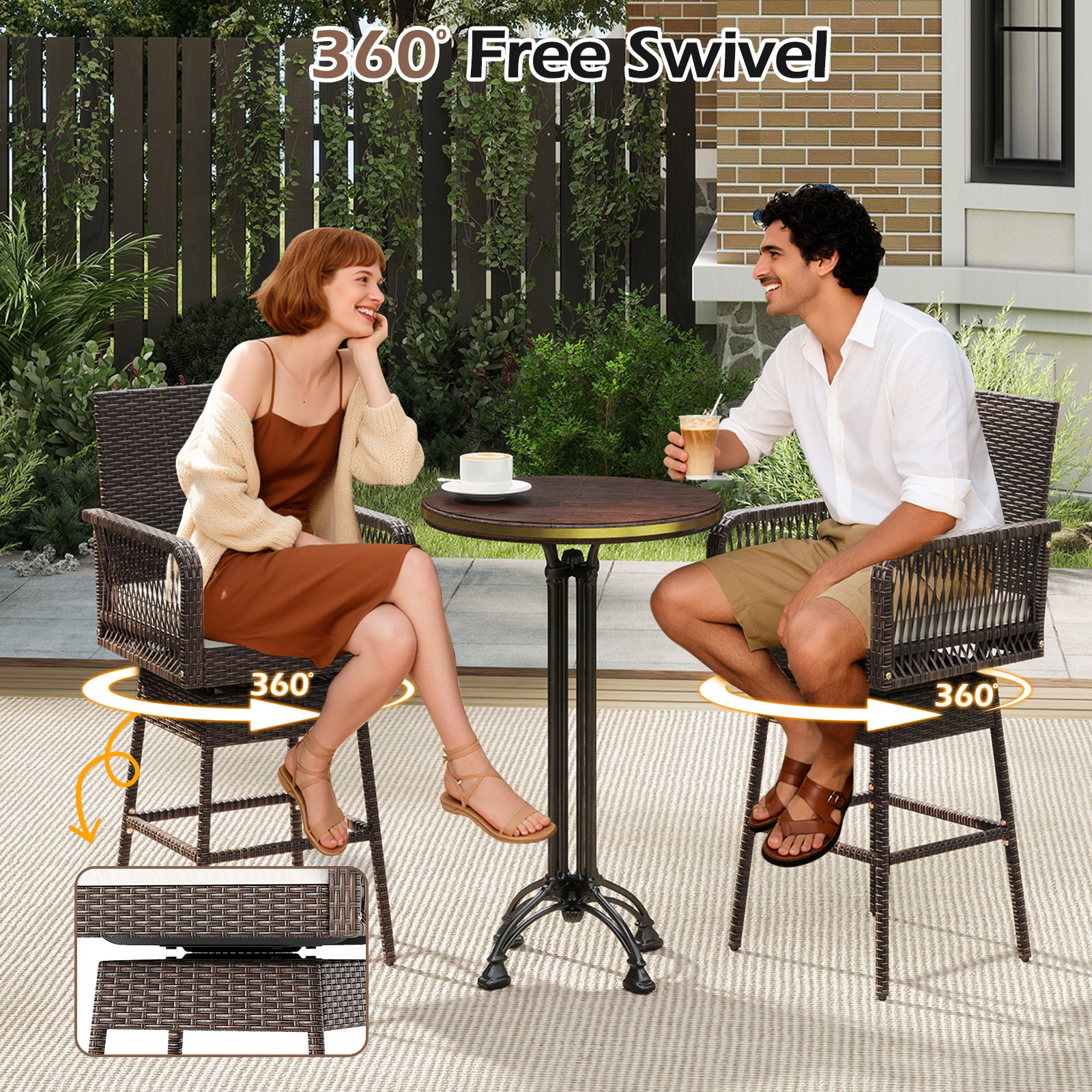 LJG 29 Inches Patio 360° Swivel Bar Stool with Cross-Woven Armrests and Seat Cushion