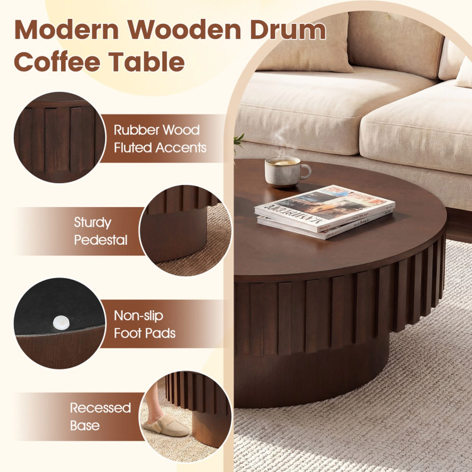 SUGIFT Round Fluted Drum Flip Top Hidden Storage Rubber Wood Coffee Table 31-in x 31-in x 14-in 265-lb Capacity Walnut