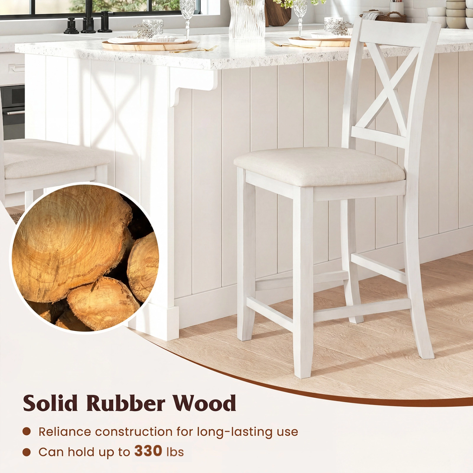 SUGIFT Slatted Back and Linen Cushion Set of 2 Modern Farmhouse Counter Height Stool