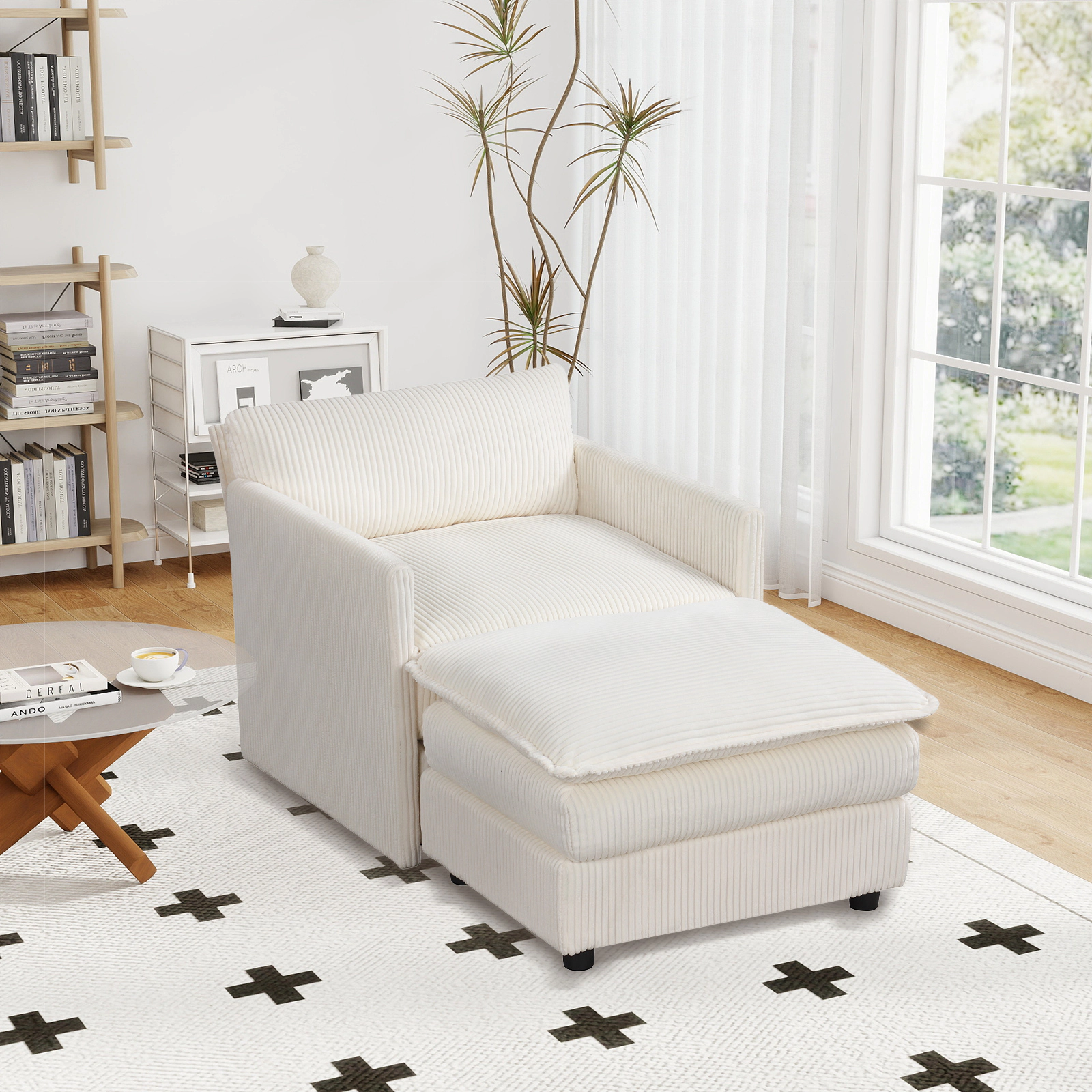SUGIFT Oversized Beige Corduroy Accent Chair with Ottoman, Deep Seat