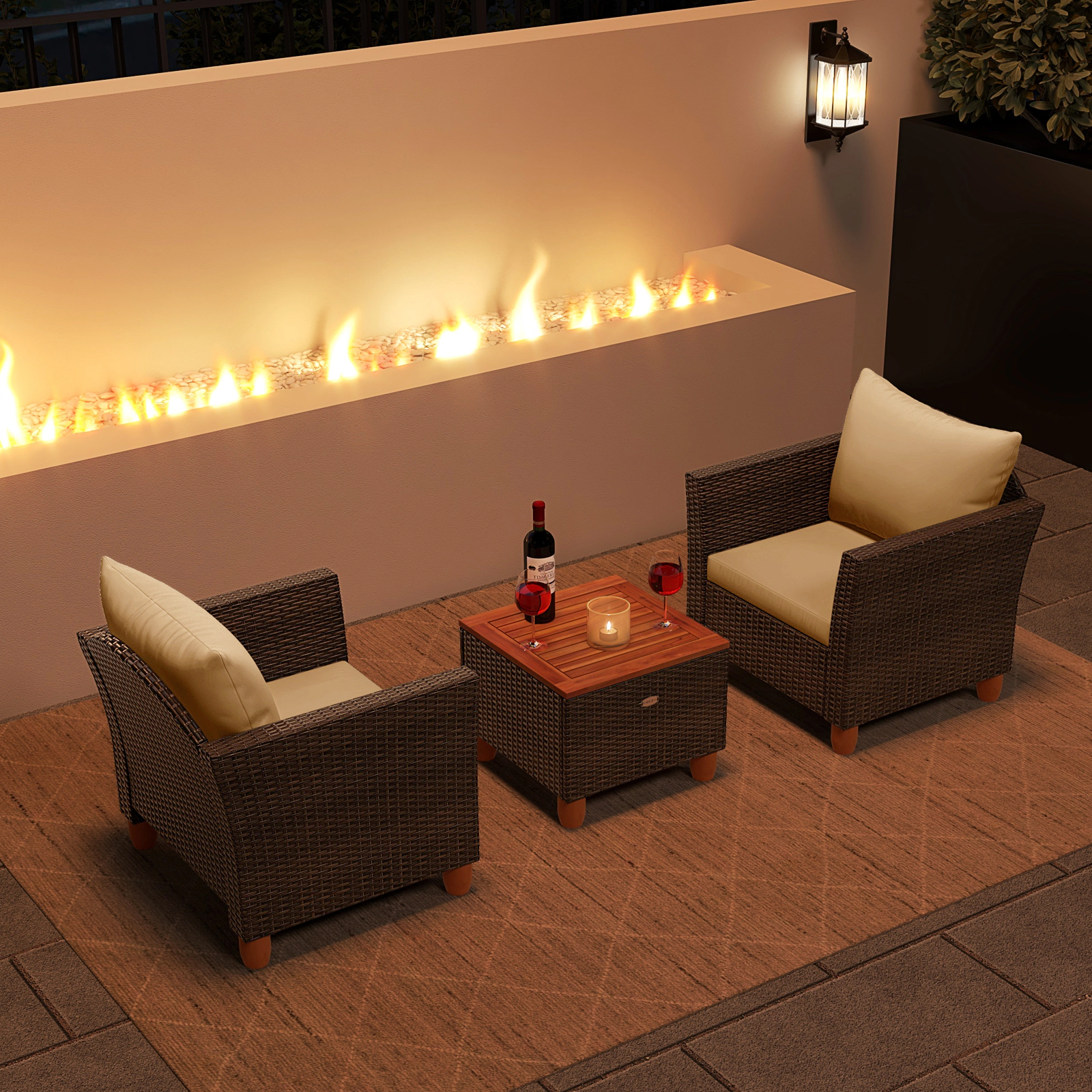LJG 3 Pieces Patio Rattan Bistro Furniture Set with Wooden Table Top
