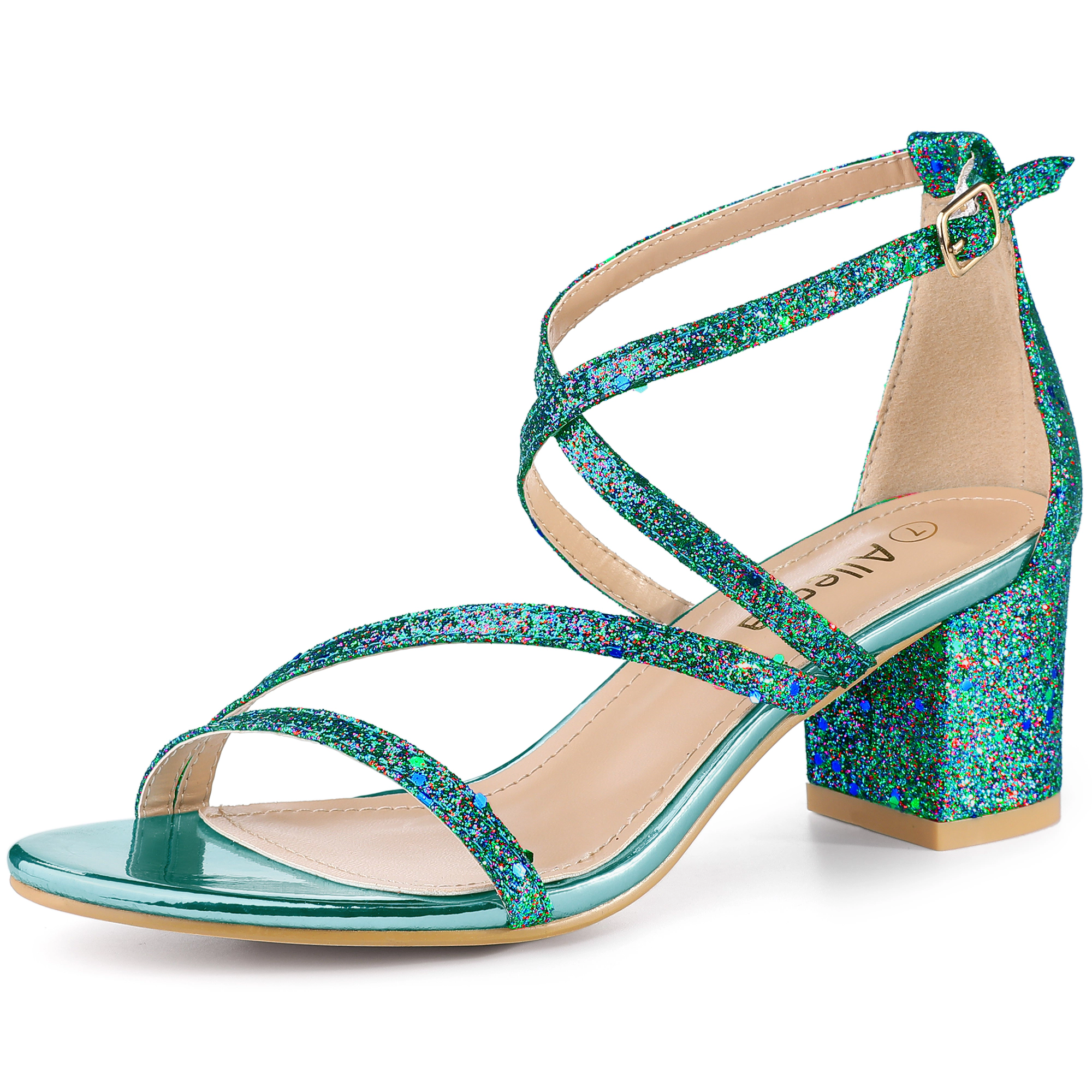 BLISSFUL STEP Women's Glitter PU Crisscross Strap Open Toe Chunky Heels Sandals