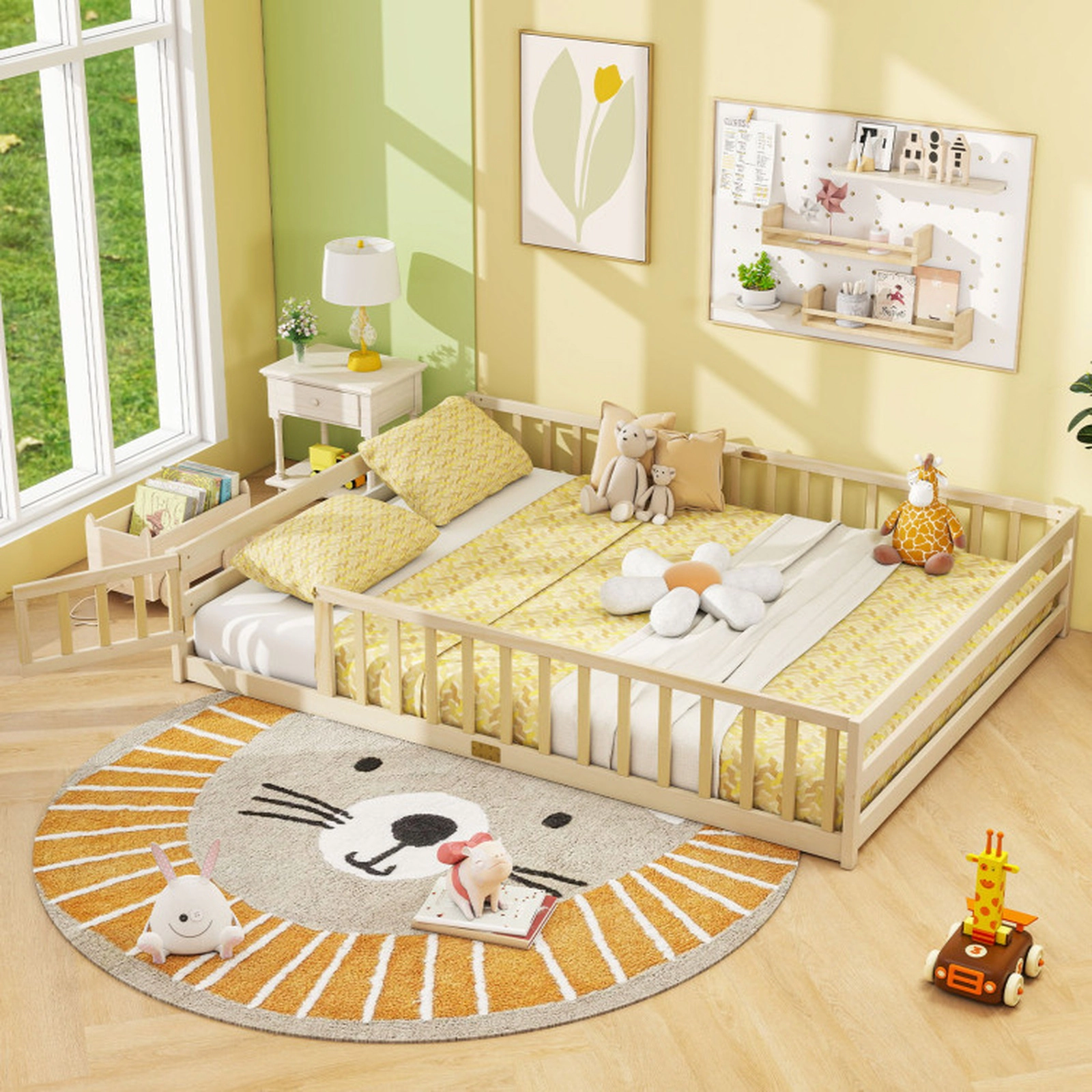 SUGIFT Queen Size Montessori Kids Floor Bed Frame with Full Length Safety Guardrails Low-To-Ground Design Natural