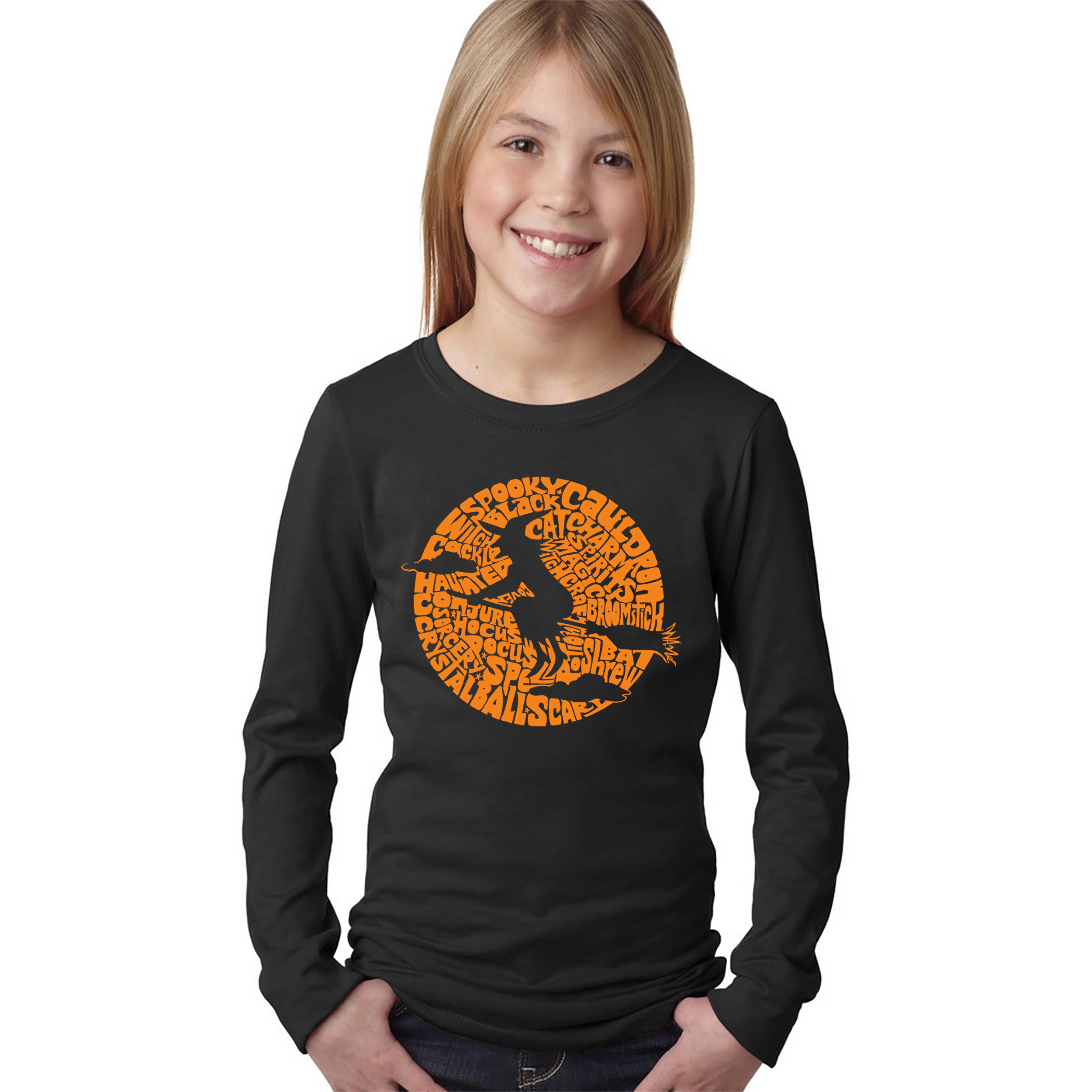 LA Pop Art Girls Long Sleeve Word T-Shirt - Girl's Spooky Witch