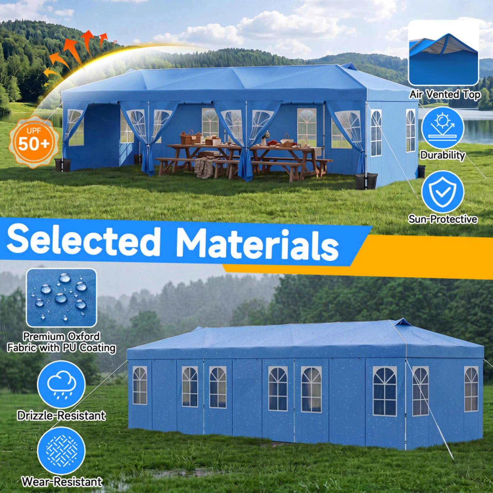 SUGIFT Blue 10-ft by 30-ft 3-Level 210D Oxford Pop Up Canopy Tent with 8 Sidewalls and Church Windows