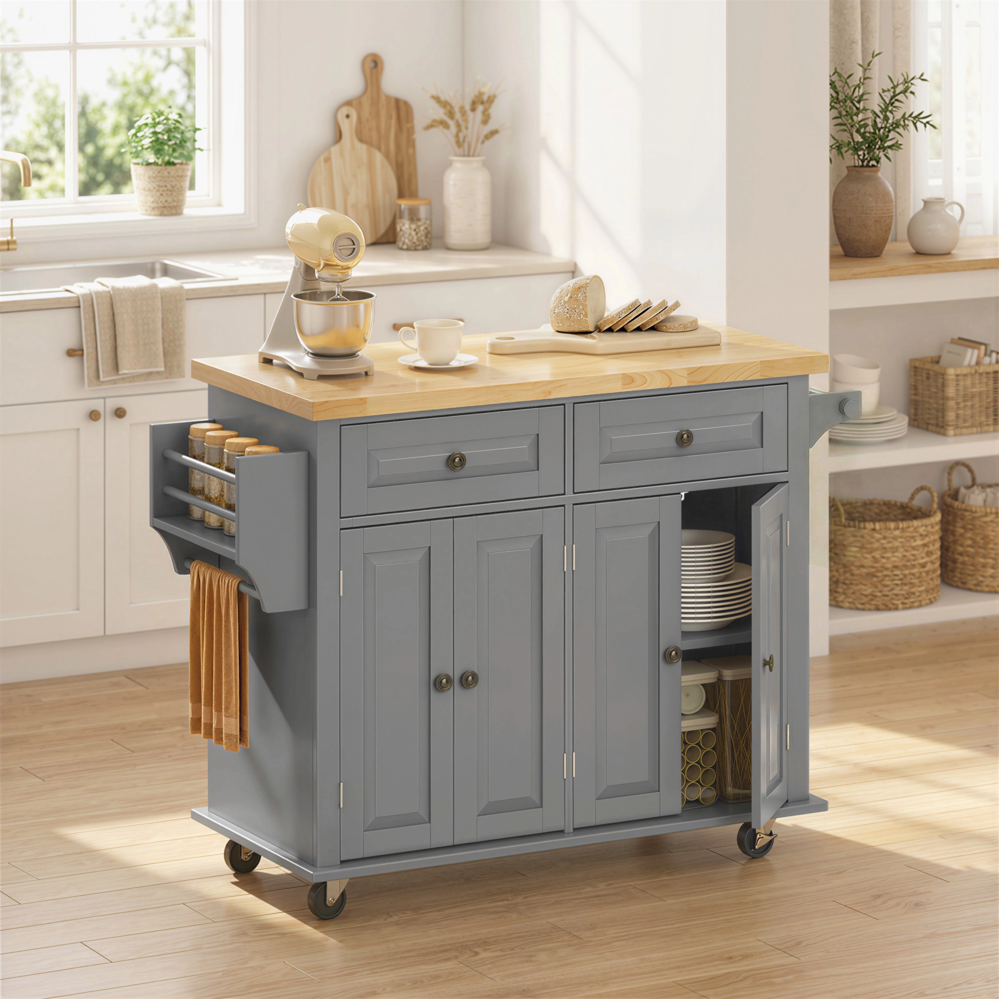 HONGGE 44" Mobile Kitchen Island Table Cart on Wheels with Storage Cabinets 2 Drawers