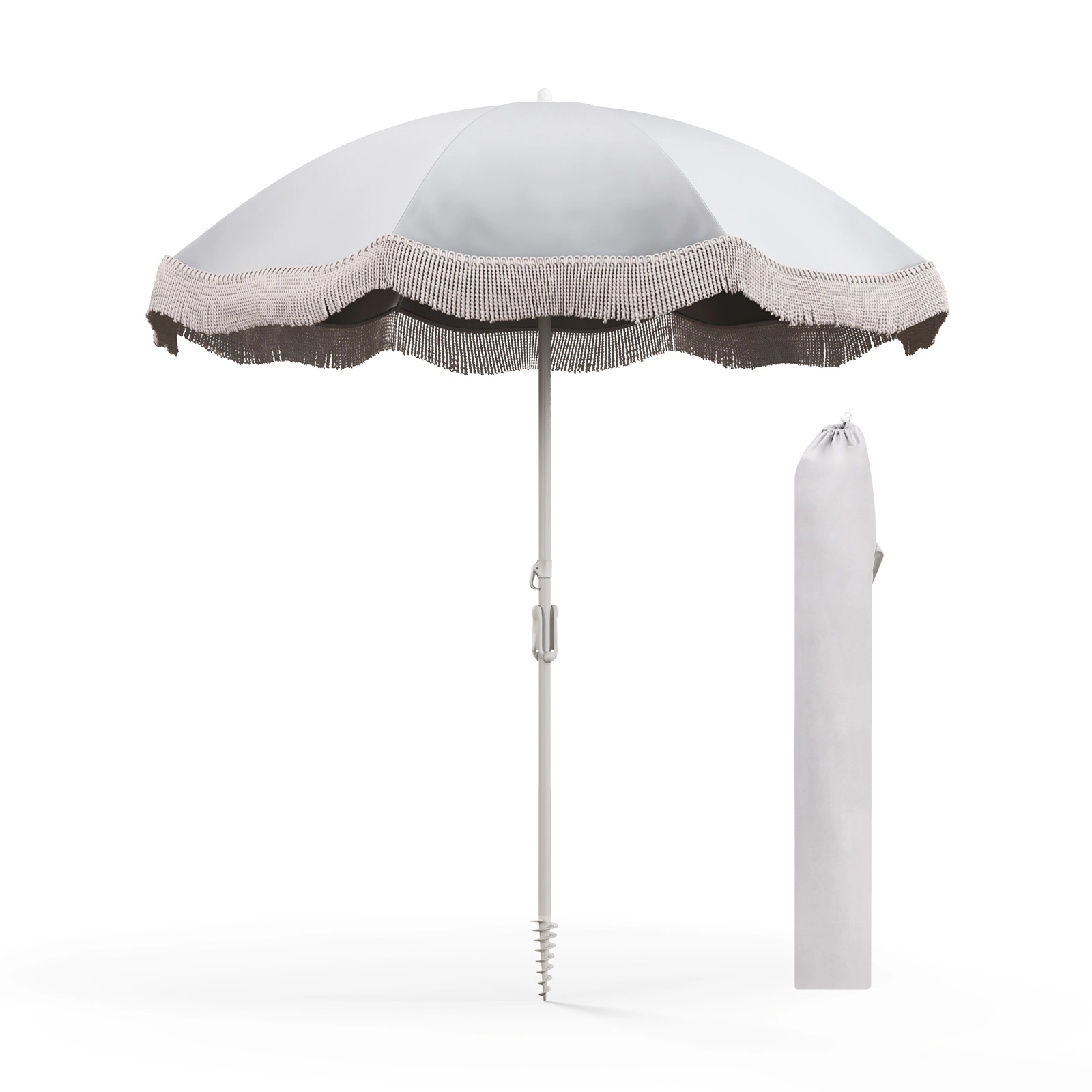 SUGIFT Cream White Fringe Trim and Push Button Tilt UPF 50+ 6.5 ft Beach Umbrella