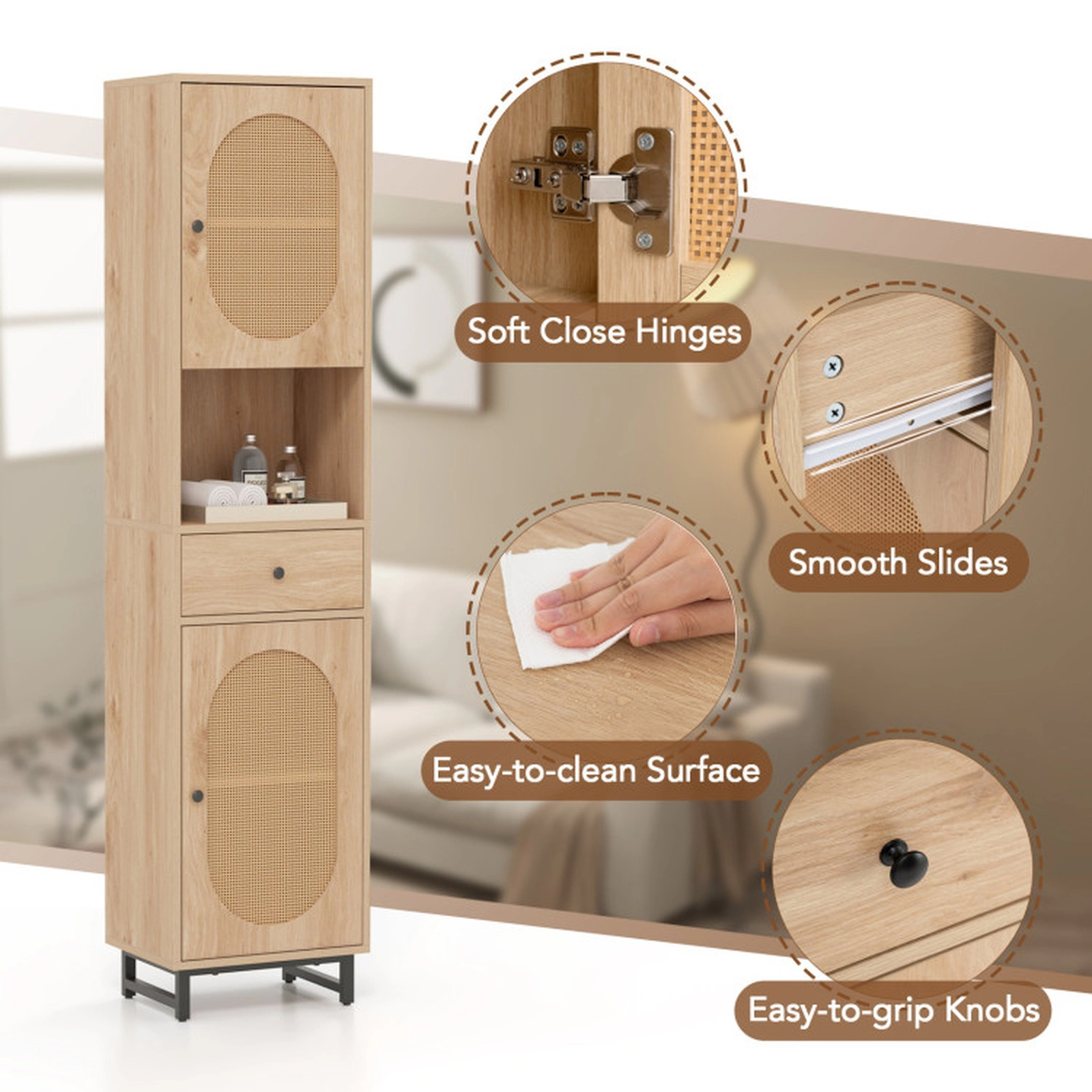 SUGIFT 67-in Tall PE Rattan Bathroom Floor Cabinet with Drawer 33-lb Shelf Capacity 22-lb Drawer Capacity Natural