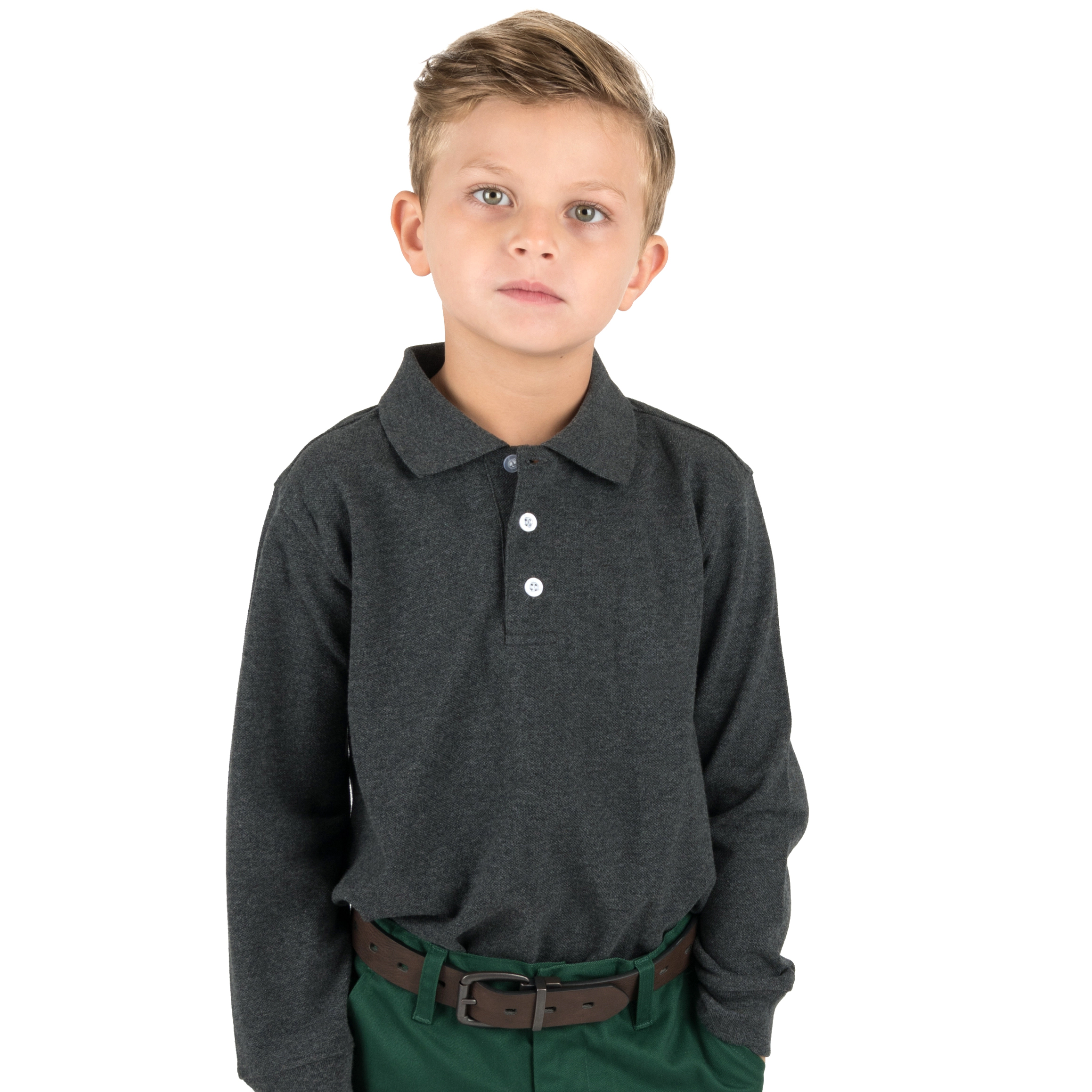 Leveret Boys Solid Long Sleeve Cotton Polo Shirt