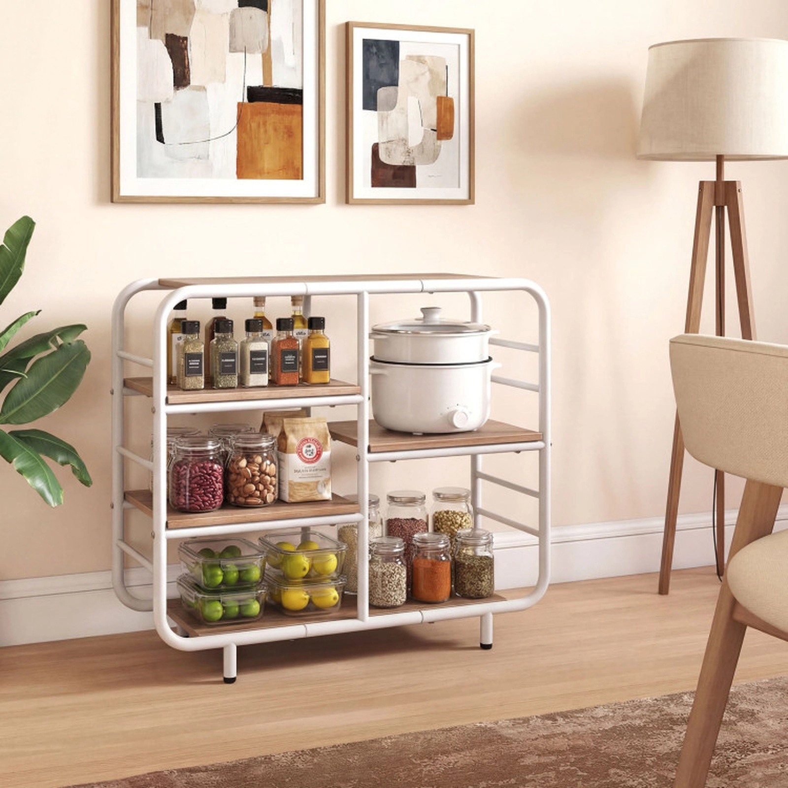 SUGIFT 5-Tier Natural Bookshelf with White Metal Frame 30.5-in W 12-in D 27-in H 88-lb Top Shelf
