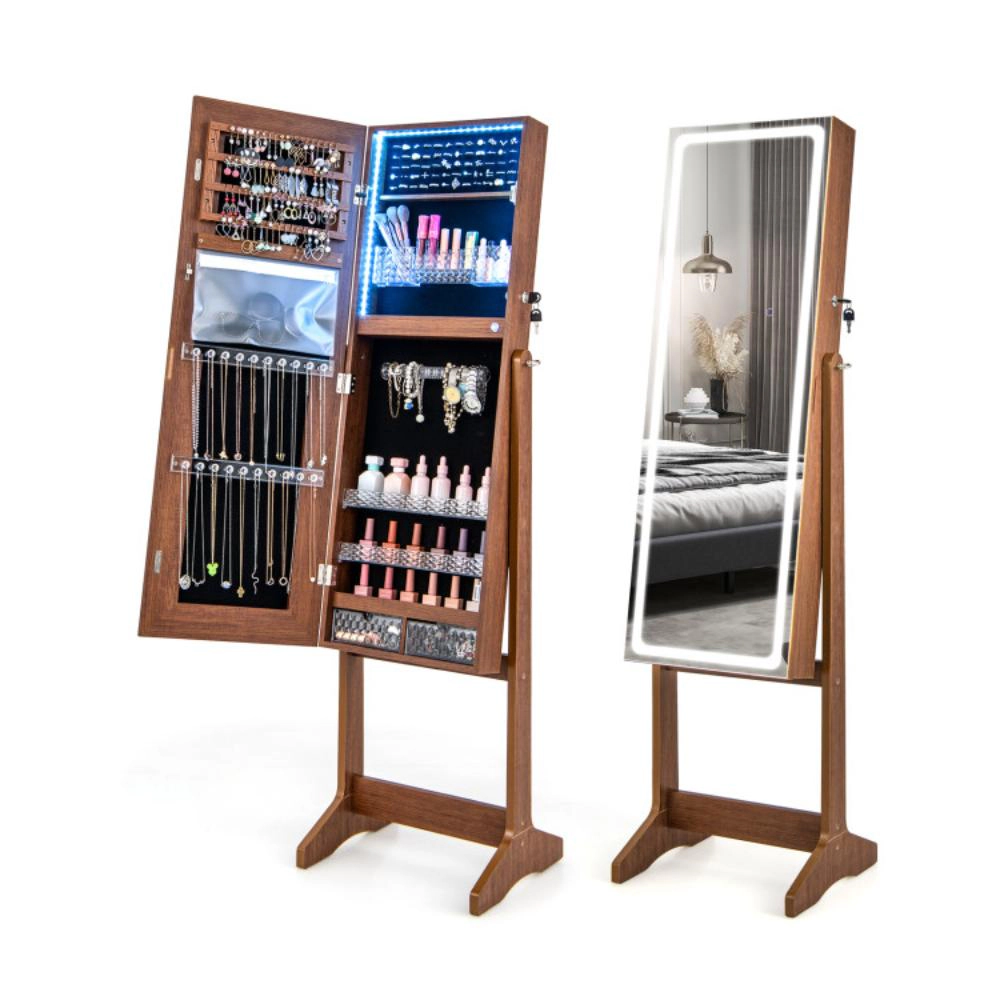 Hivvago Lockable Jewelry Armoire Standing Cabinet with Lighted Full-Length Mirror