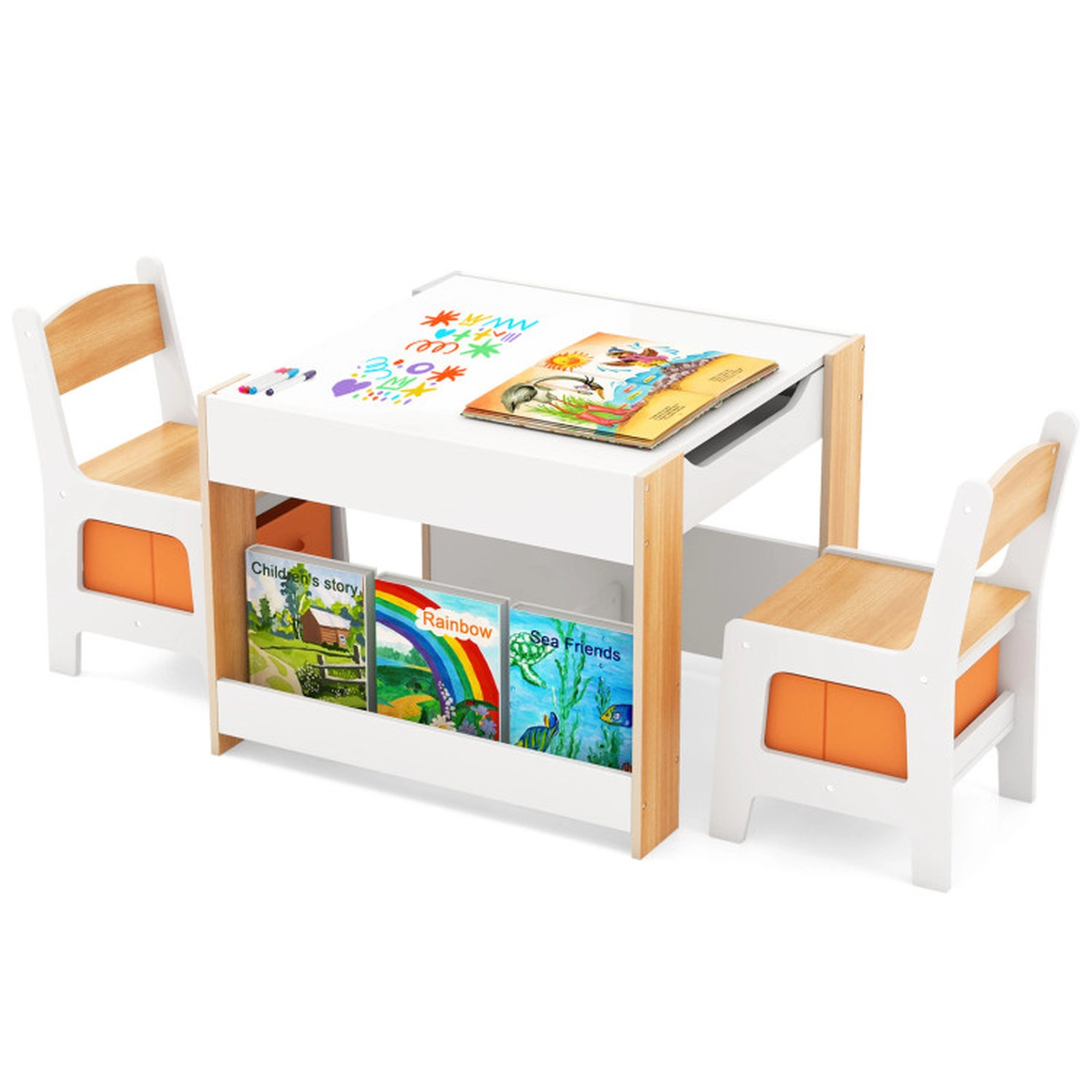 SUGIFT Natural Reversible Top and Fabric Bins Kids 4-in-1 Activity Table and 2 Chairs Set
