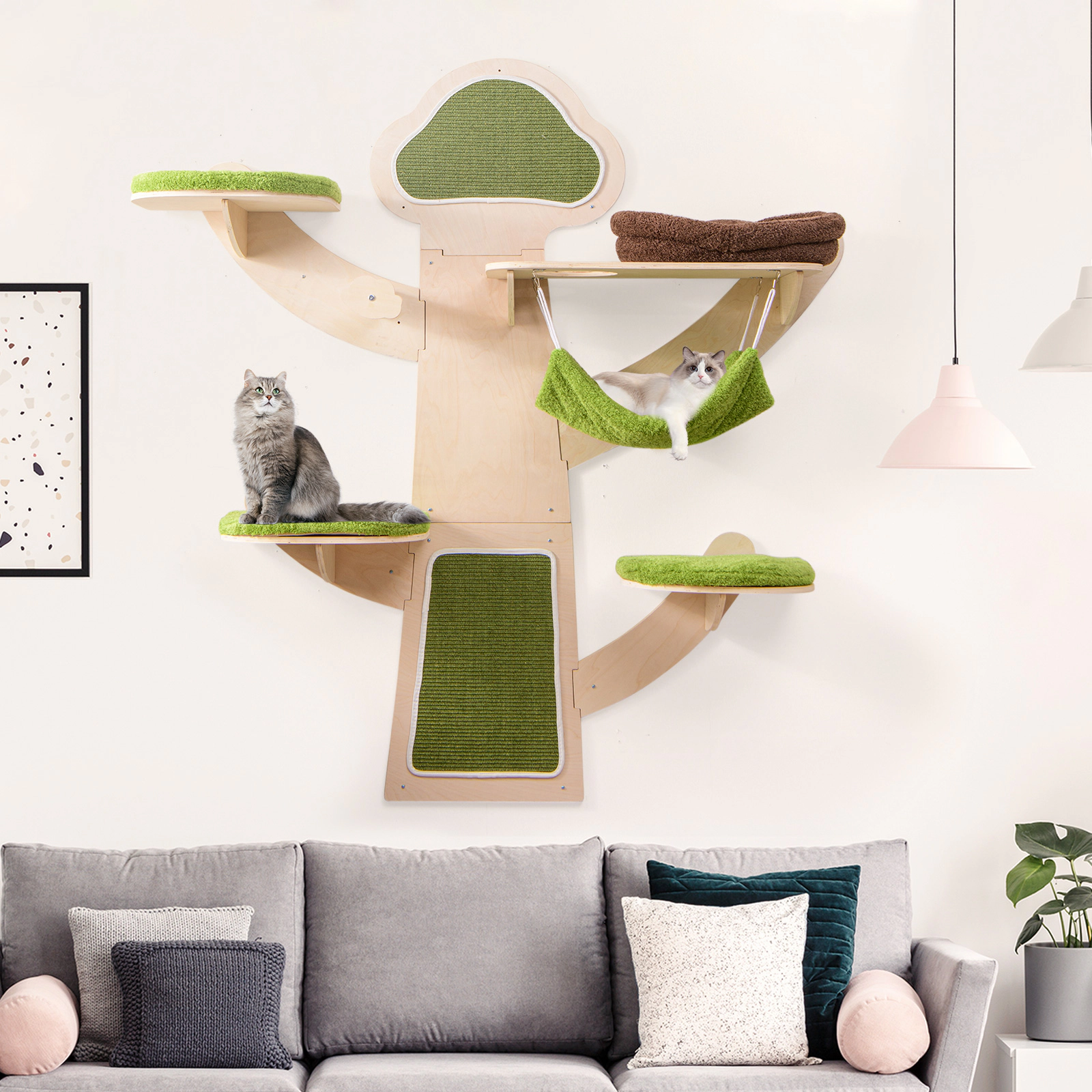 SUGIFT Wall-Mounted 5-Layer Cat Tree Tower with Hammock Bed and Scratching Surfaces 33-lb Capacity Natural+Brown