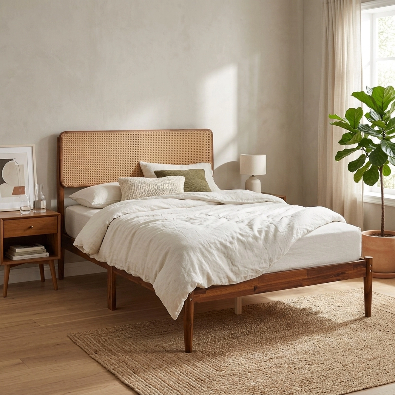 SUGIFT Twin Boho Rattan Bed Frame, Acacia Wood Platform, Brown