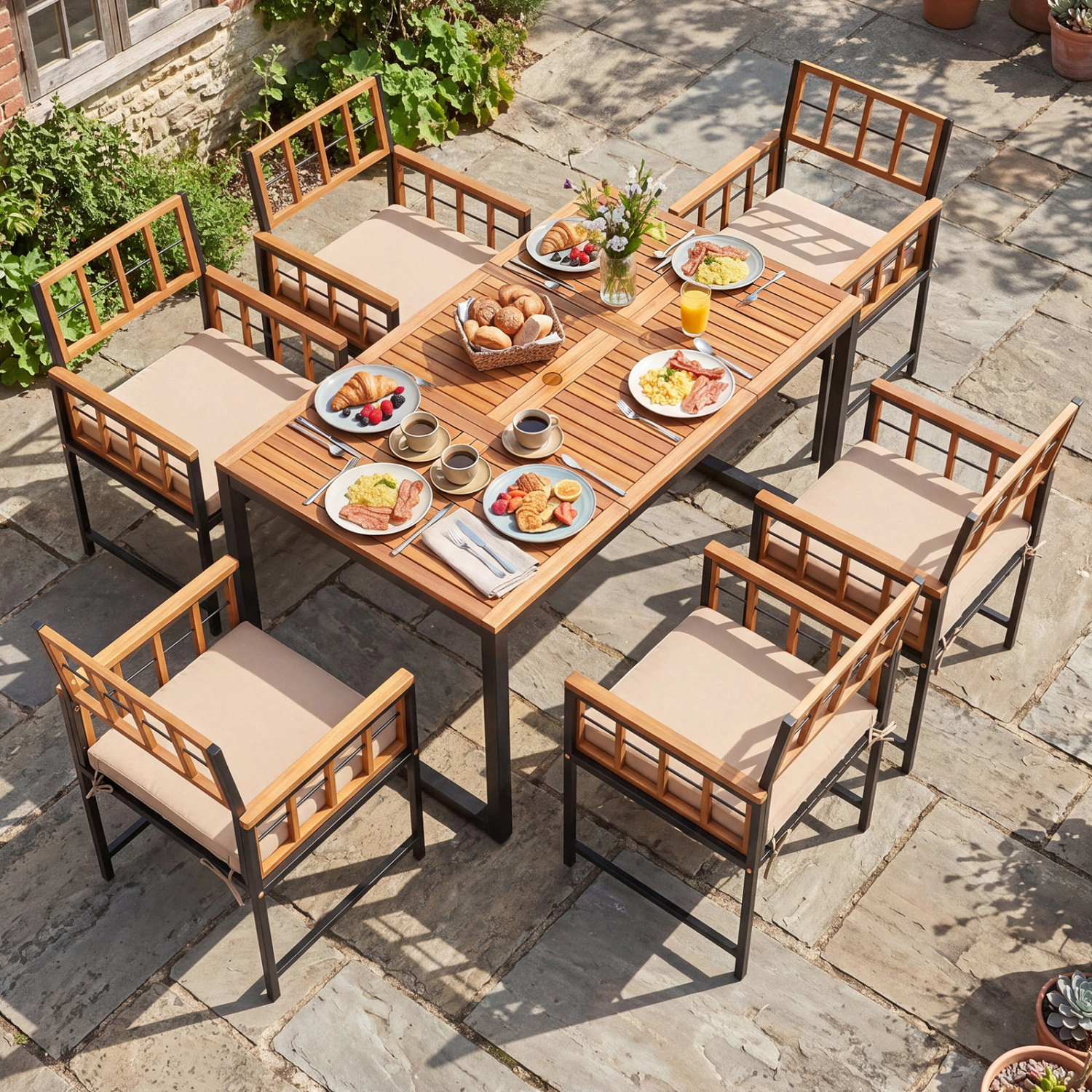 Hivvago 7-Piece Outdoor Dining Set With Acacia Wood Table & Chairs And Umbrella Hole