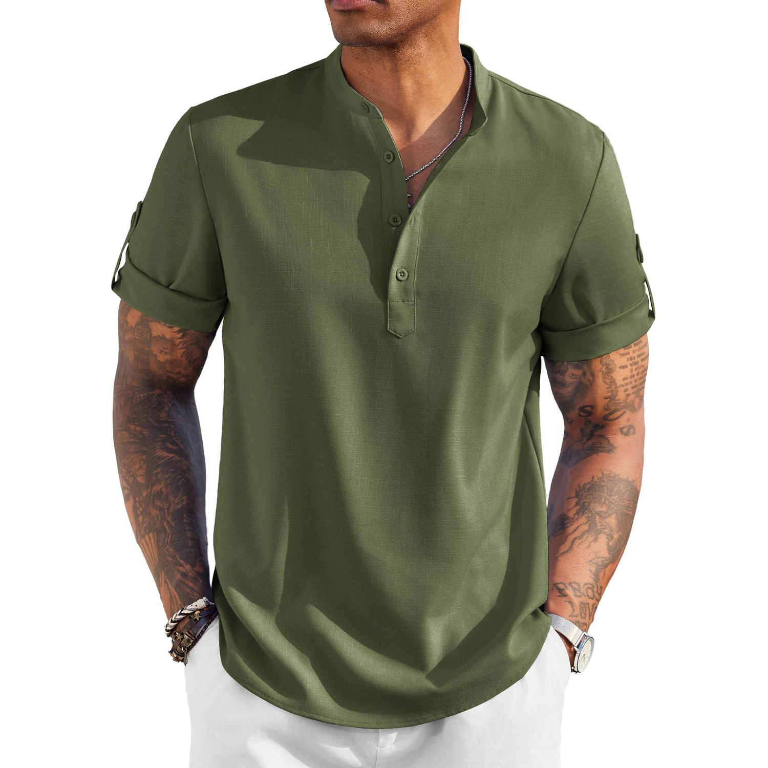 COOFANDY Mens  Short Sleeve Henley Shirt V Neck Button Casual Curved Hem Tops
