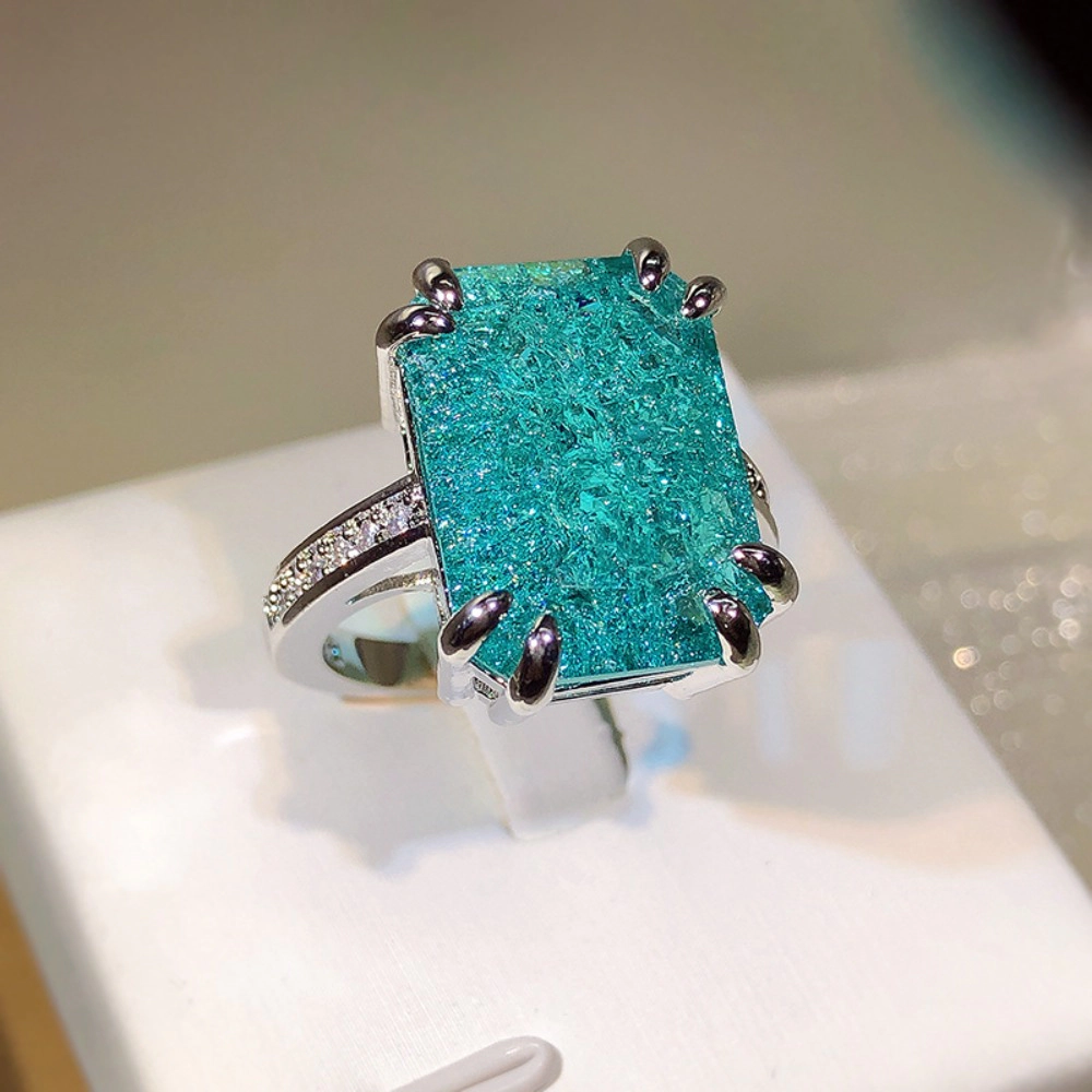 Rectangle Paraiba‑Inspired Turquoise Cubic Zirconia Statement Ring