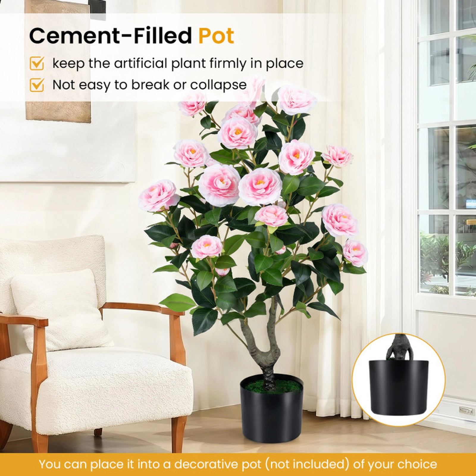 SUGIFT Artificial Camellia Tree Faux Flower Plant in Cement-Filled Pot 35.5-in Tall Pink