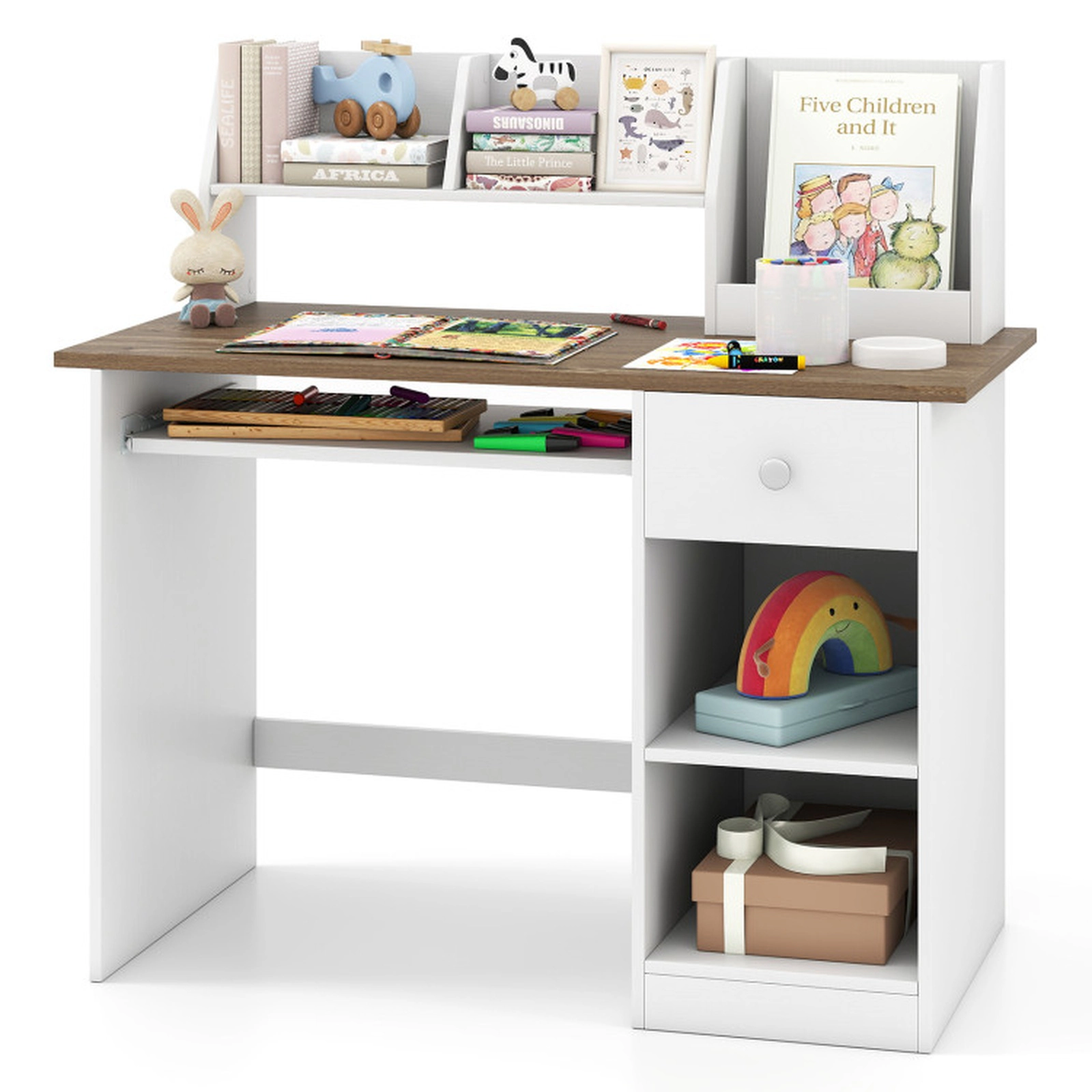 SUGIFT Kids Study Desk Writing Table with Drawer Shelves and Keyboard Tray 200-lb Capacity Ages 3-6 White Natural