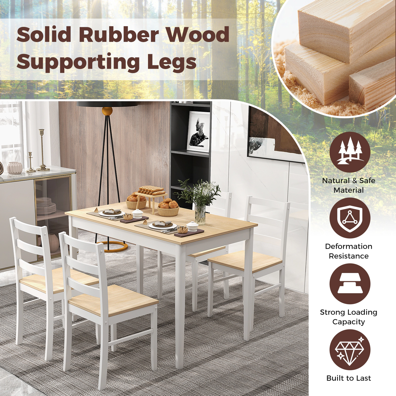 SUGIFT 5-Piece Wooden Dining Set with Rectangular Table and 4 Chairs 200/331-lb Capacity Natural and White