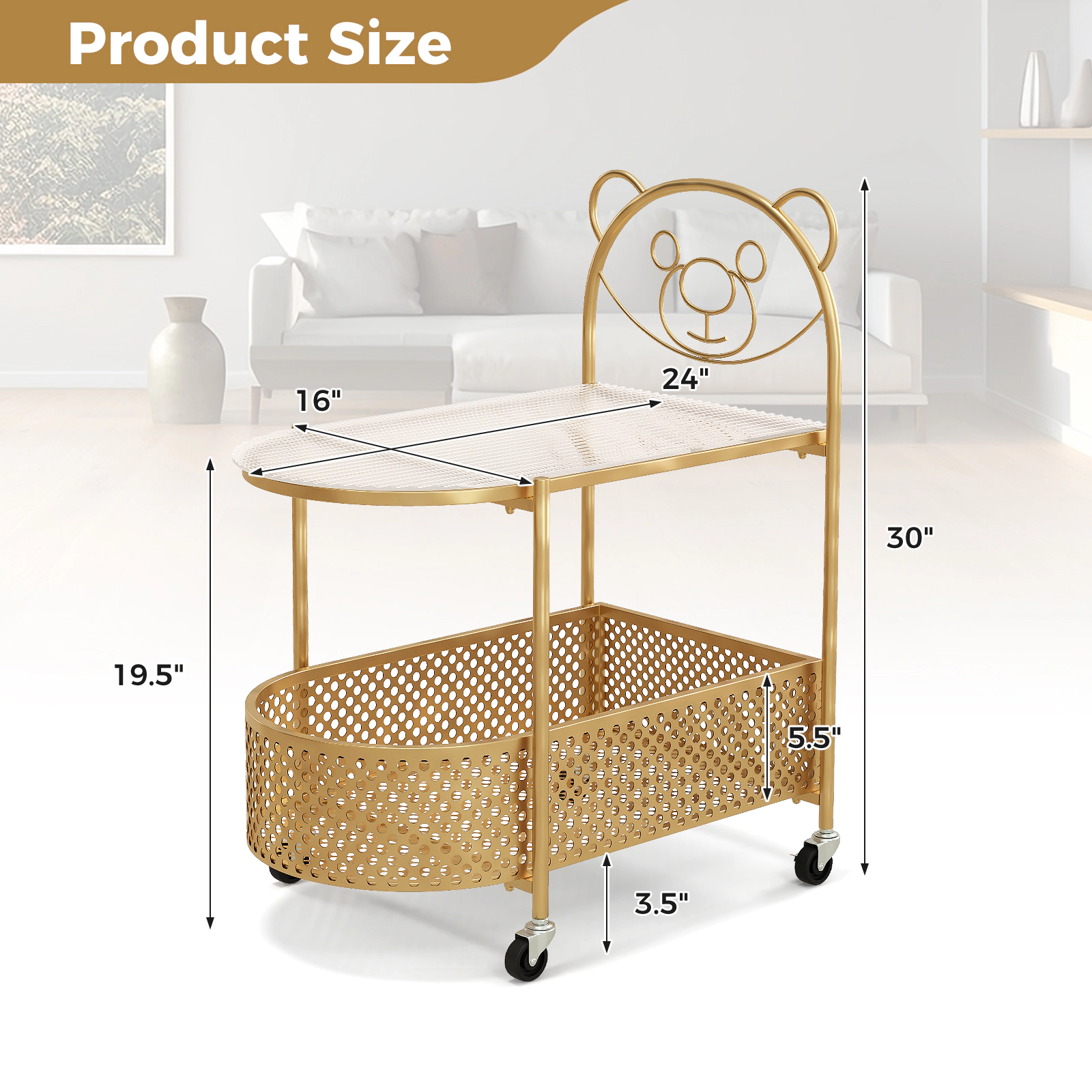 SUGIFT 2-Tier Mobile Tempered Glass Coffee Table with Bear Pattern 44-lb Tabletop Capacity Transparent + Golden
