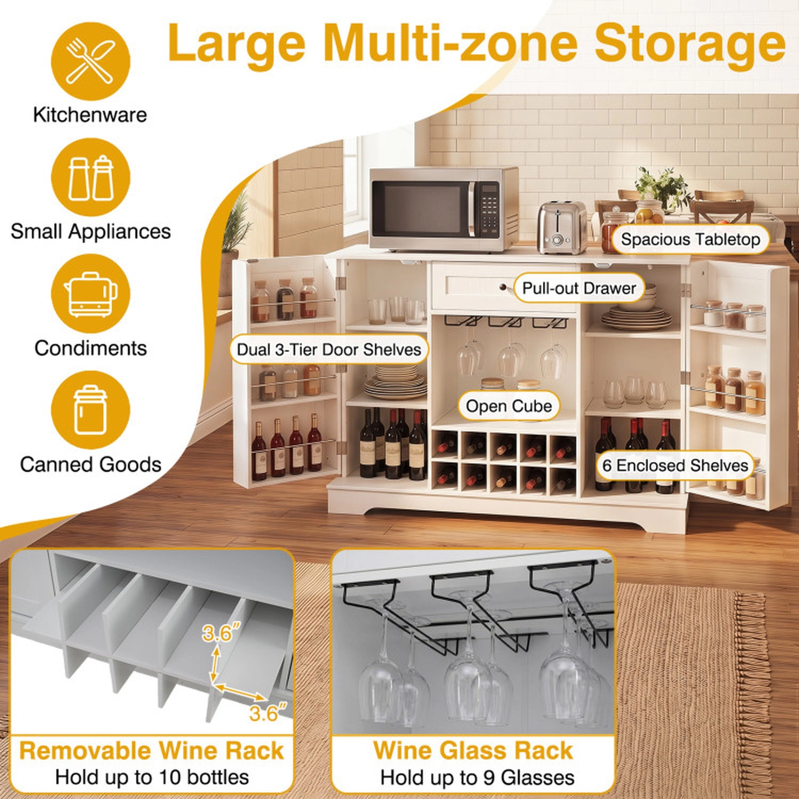 SUGIFT 47.5-in White Sideboard Cabinet with 10-Bottle Removable Wine Rack Glass Holder and Door Shelves