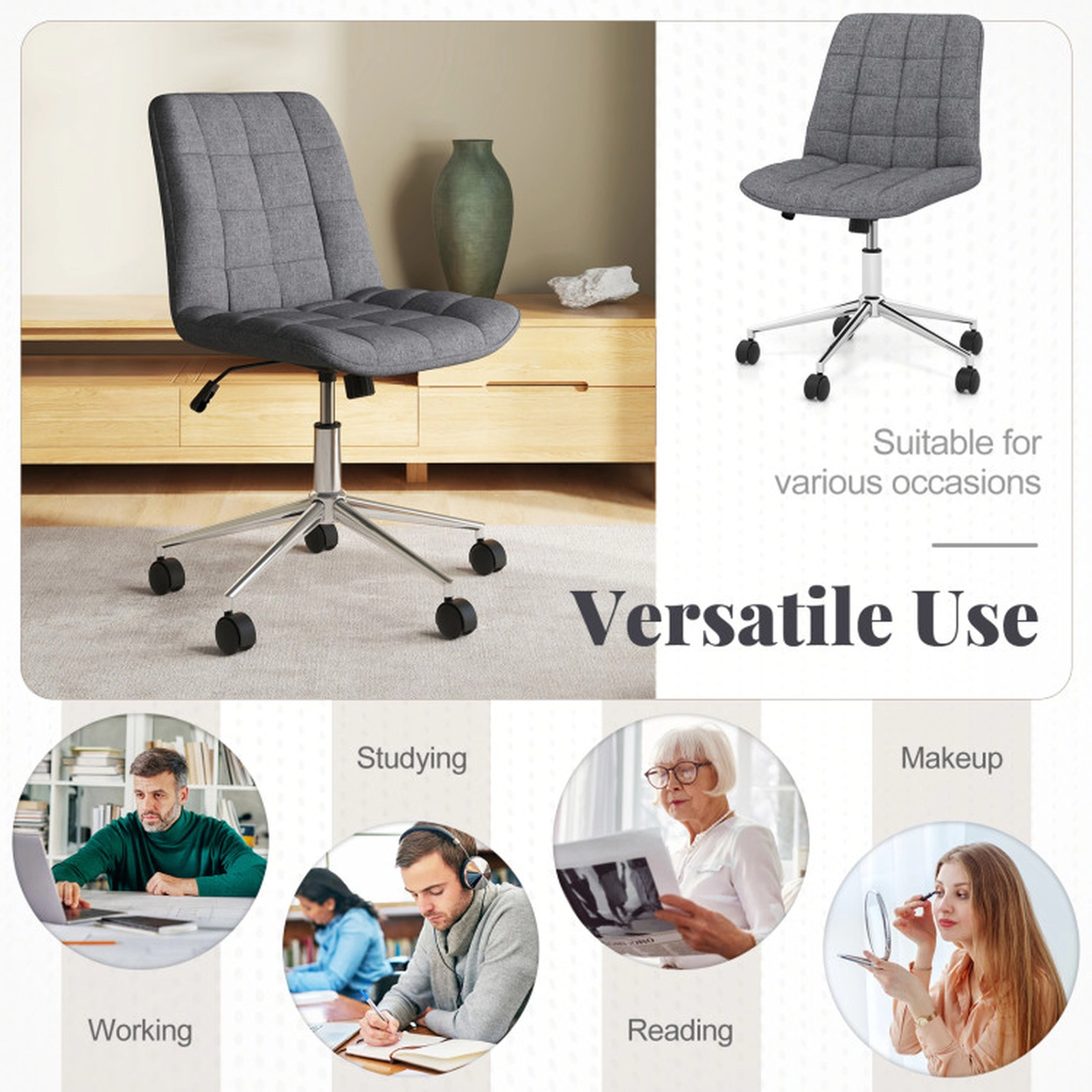 SUGIFT Armless Office Chair Upholstered Makeup Vanity Chair 250-Lb Capacity Adjustable Height Gray with Wheels