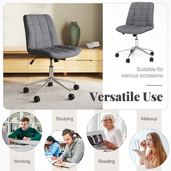 SUGIFT Armless Office Chair Upholstered Makeup Vanity Chair 250-Lb Capacity Adjustable Height Gray with Wheels