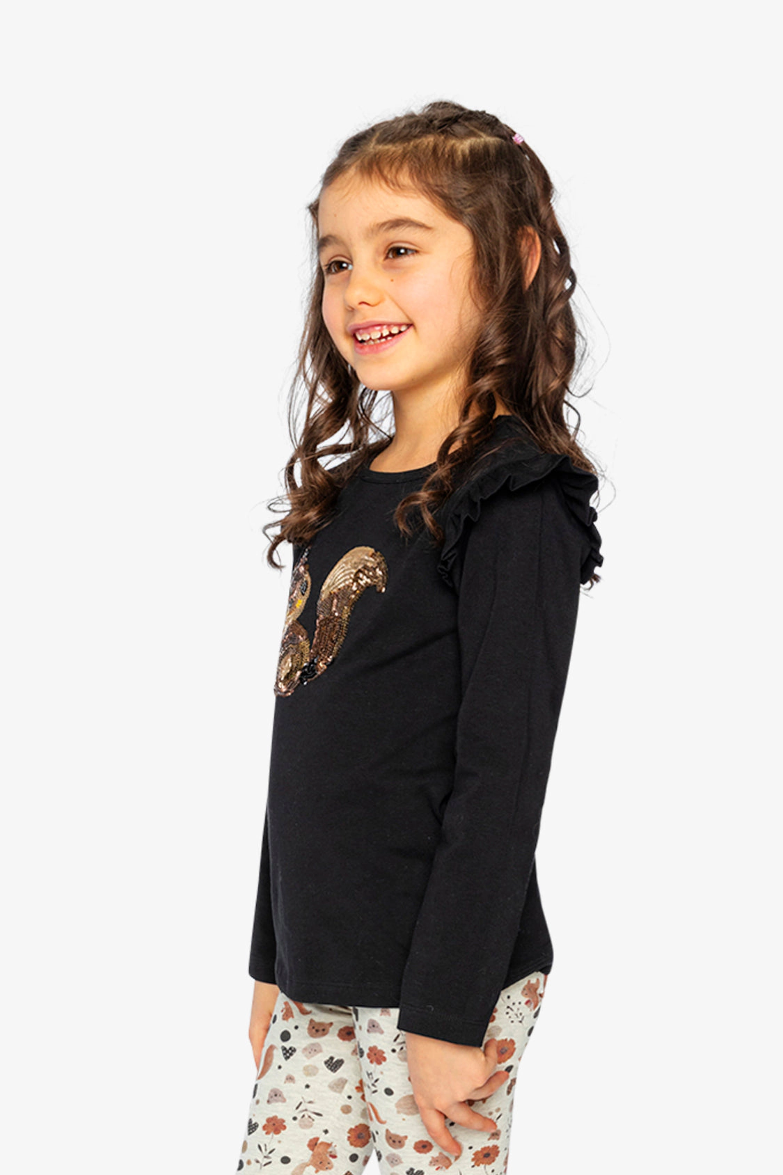 Deux par Girls Sequin Squirrel Organic Cotton Long Sleeve T-Shirt