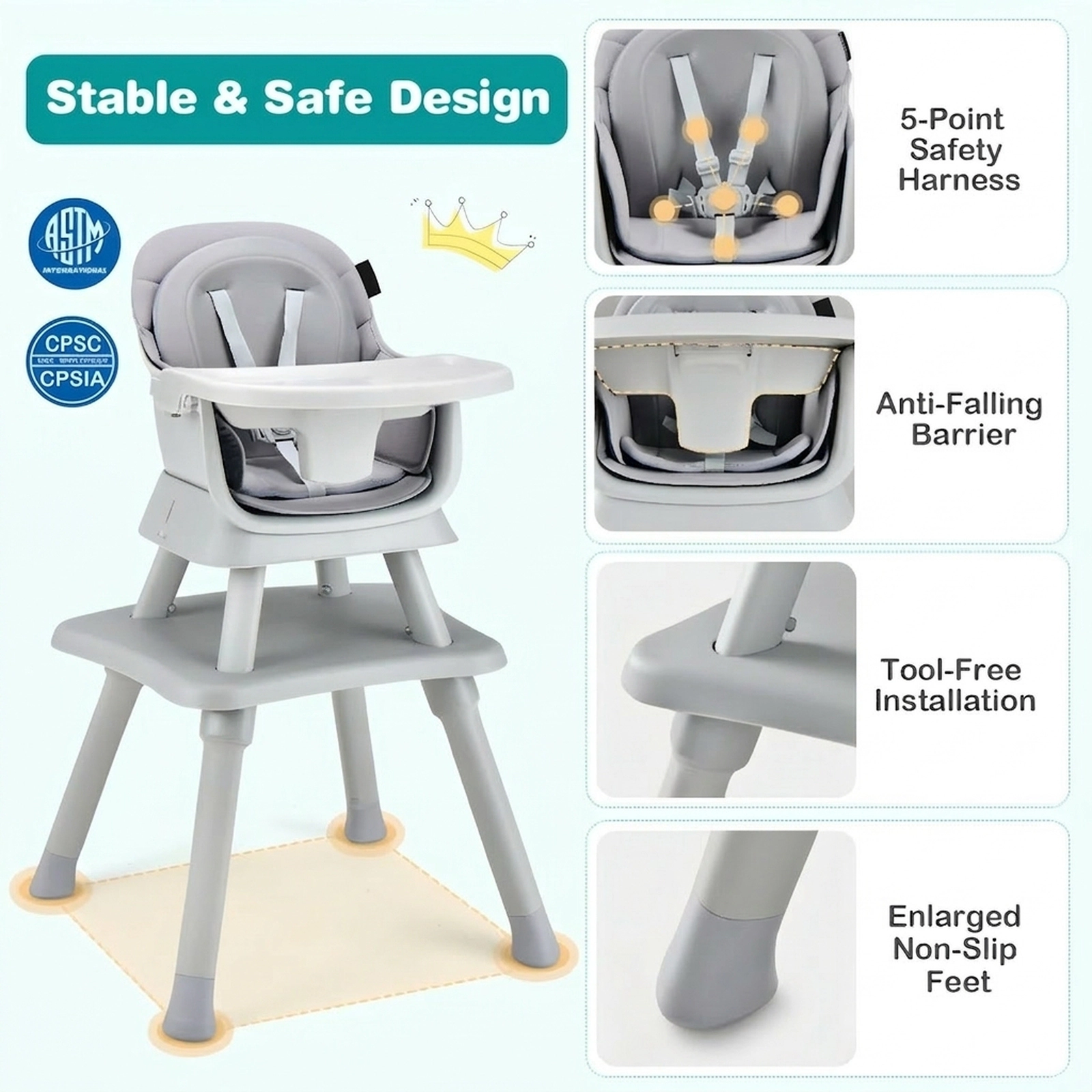 SUGIFT 6-in-1 Convertible Baby High Chair with Adjustable Removable Tray 55-lb Capacity Ages 6-36 Months Gray