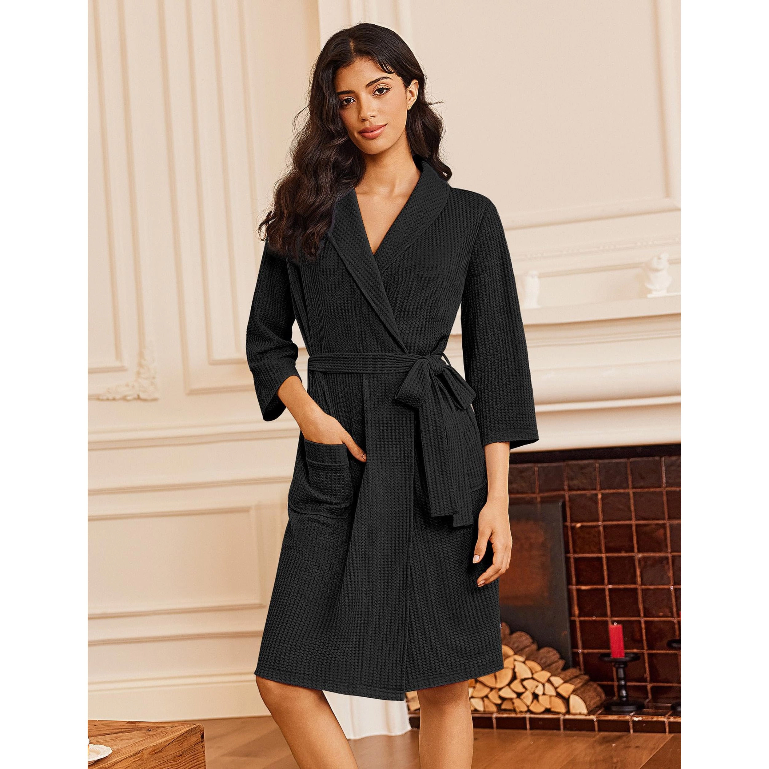 Ekouaer Robes for Women Waffle Knit Bathrobe Lightweight Kimono Robe Knee Length Loungewear