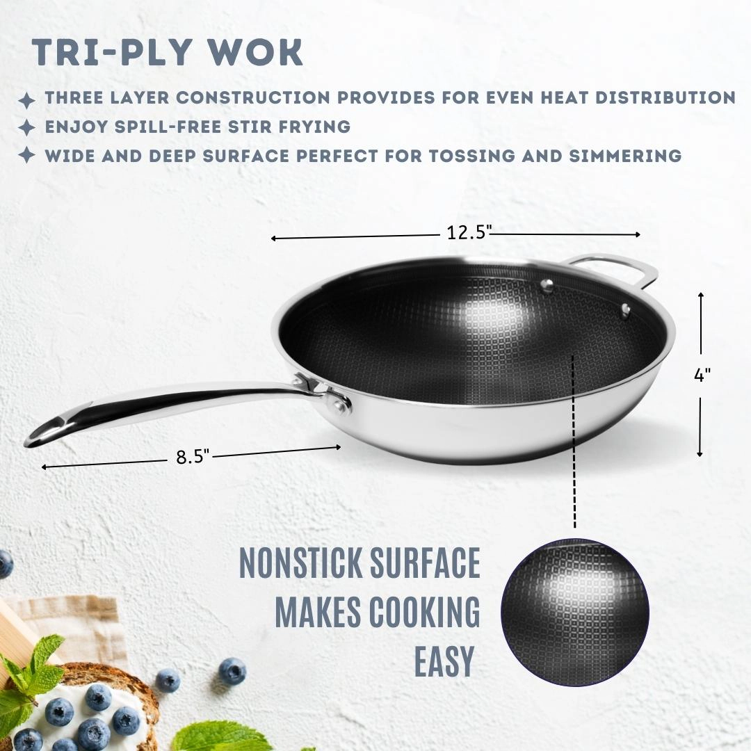 Lexi Home 5-Quart Tri-Ply Stainless Steel Wok, Induction & Oven Safe