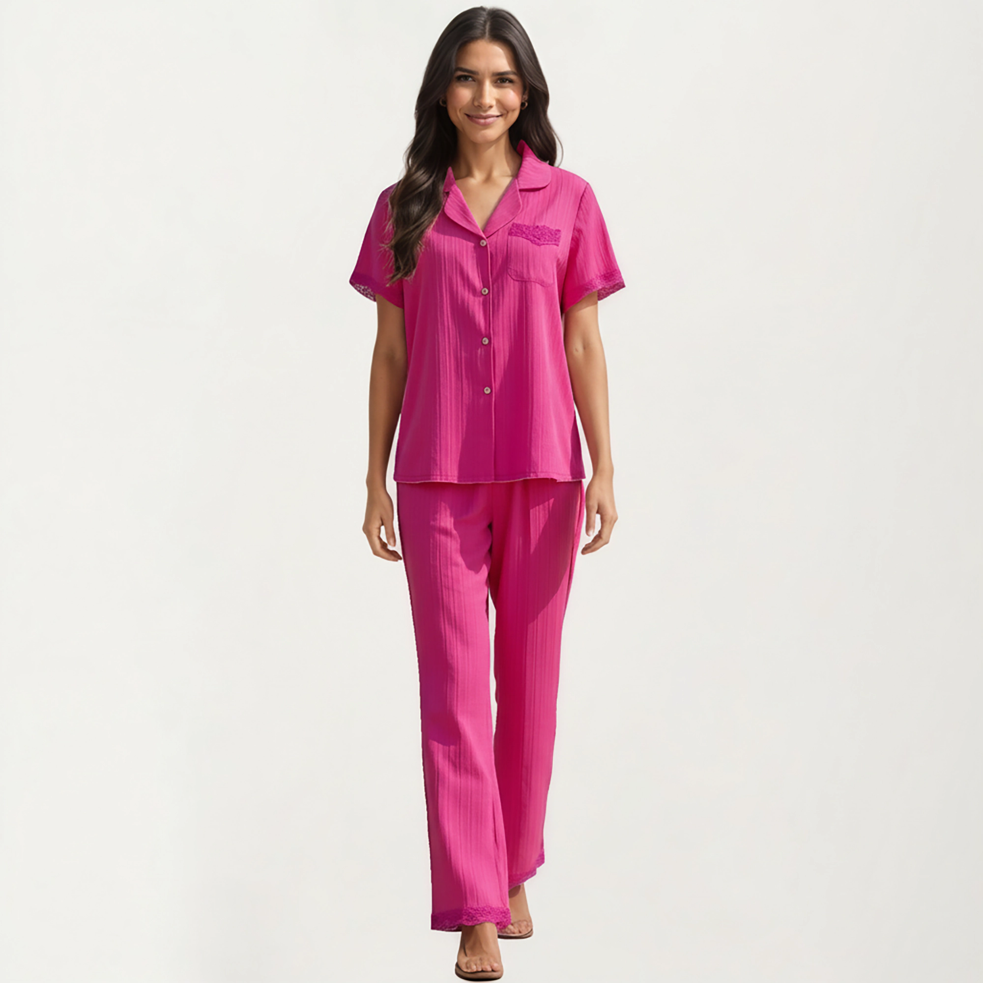 Anna-Kaci Women's Short Sleeve Pajama Set with Button Up Top Lace Trim Sleeves Chest Pocket and Relaxed Fit Lounge Pants