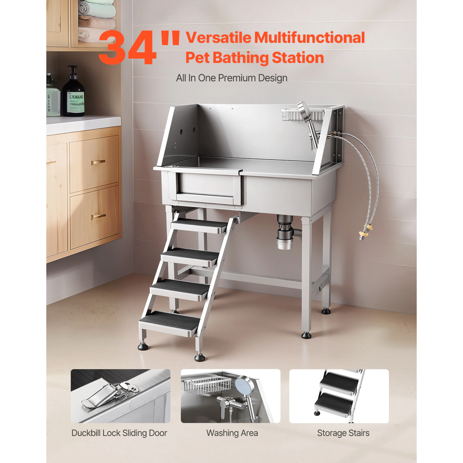 HONGGE 34" Dog Washing Station, Stainless Steel Pet Grooming Tub Bathtub, Professional Dog Wash Sink with Shower, Faucet