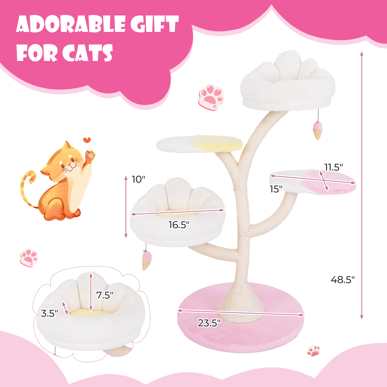 SUGIFT 48.5-in Pink Multi-Layer Cat Tree Tower with 2 Deep 16.5-in Walled Perches and 35-lb Layers