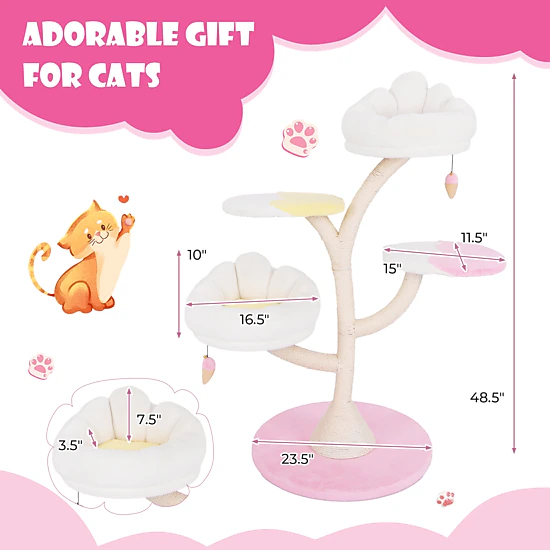 SlickBlue 48.5 Inch Cat Tower with Rabbit Fur-Like Fabric and Platforms