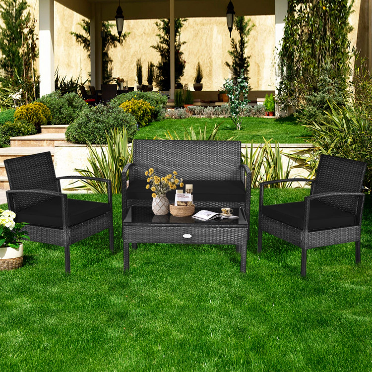 Hivvago 4Pcs Outdoor Rattan Patio Furniture Set W/ Cushions, Loveseat, Chairs & Table