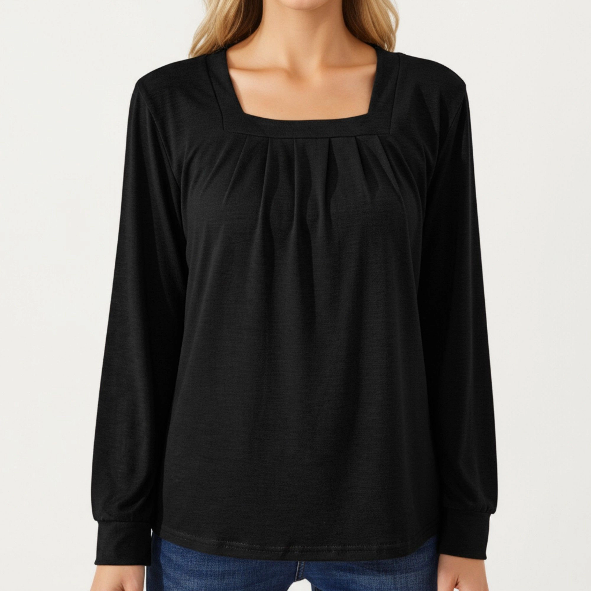 Anna-Kaci Women's Square Neck Front Pleat Relaxed Fit Long Sleeve Top