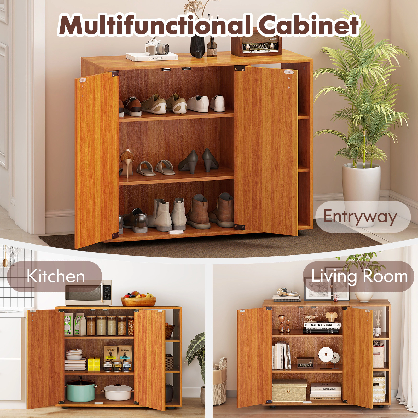 SUGIFT 3-Tier Natural 31.5-in Slim Wood Shoe Cabinet with Doors and Open Side Shelves for Entryway
