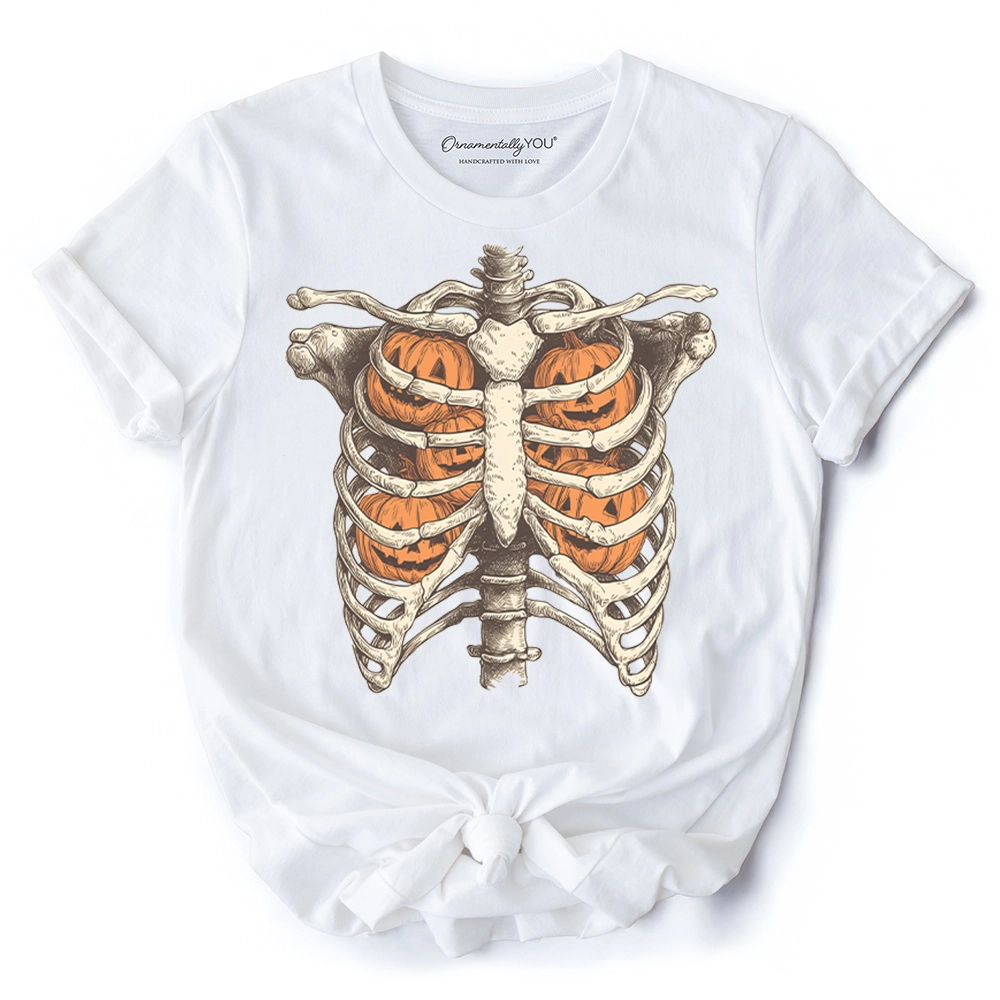 OrnamentallyYou Womens Ribcage Pumpkins Retro Skeleton Halloween T-Shirt