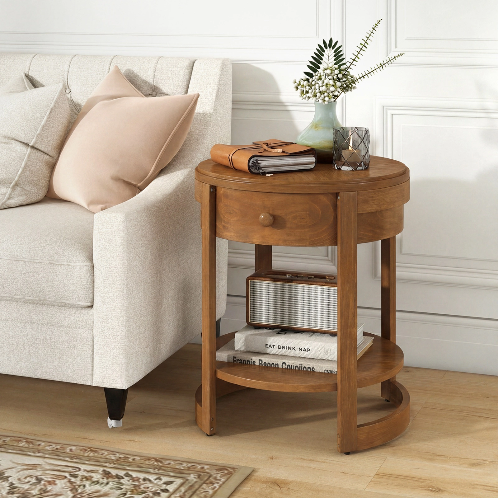 SUGIFT 2-Tier Round End Table with Drawer 190-lb Tabletop Capacity Mid Century Nightstand Brown/White