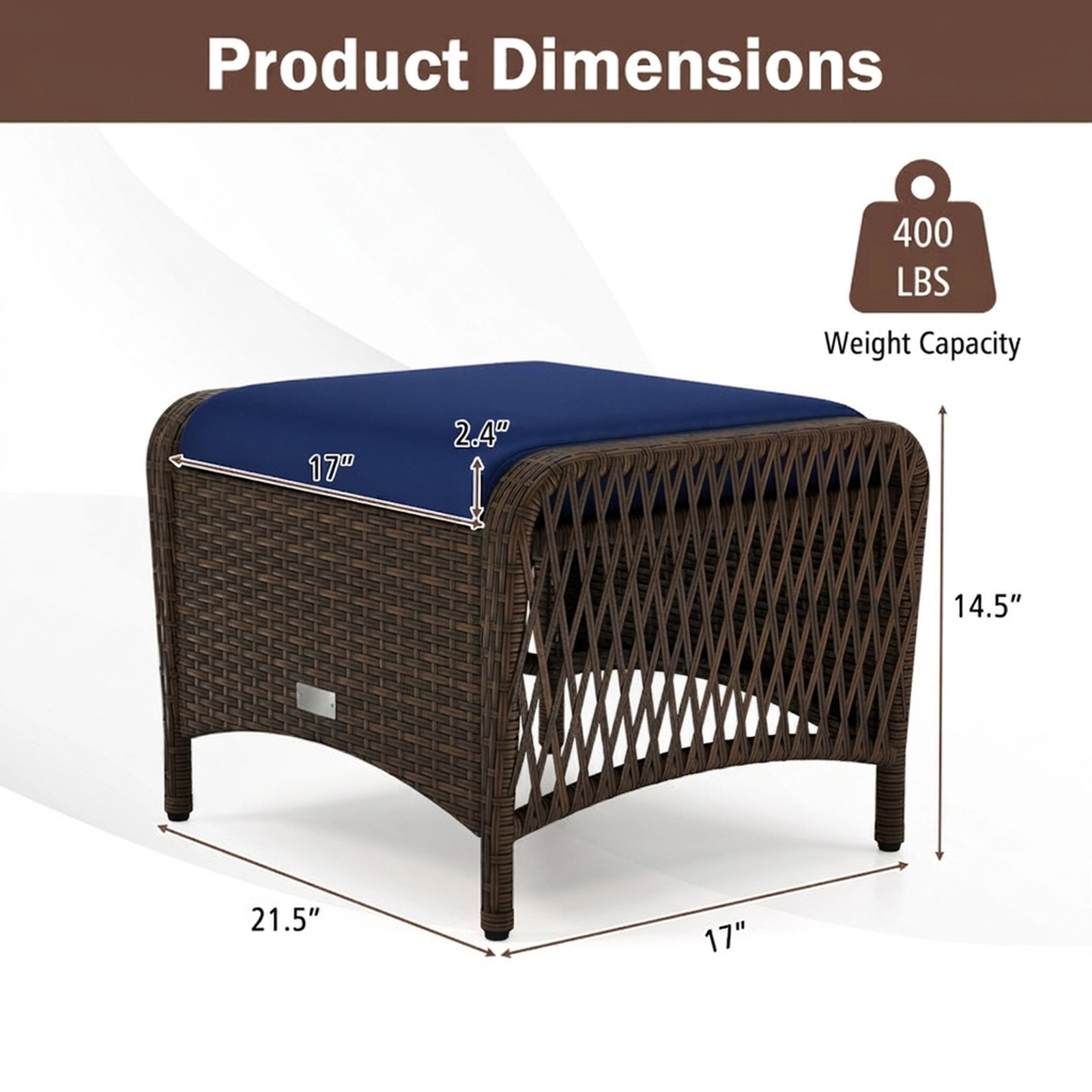 SUGIFT Outdoor Patio Ottomans 400-lb Capacity with Removable Cushions Navy