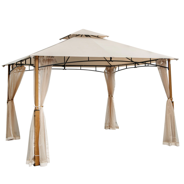 Hivvago 12 x 10 Feet Outdoor Patio Gazebo with Netting and 2-Tier Canopy Roof-Beige